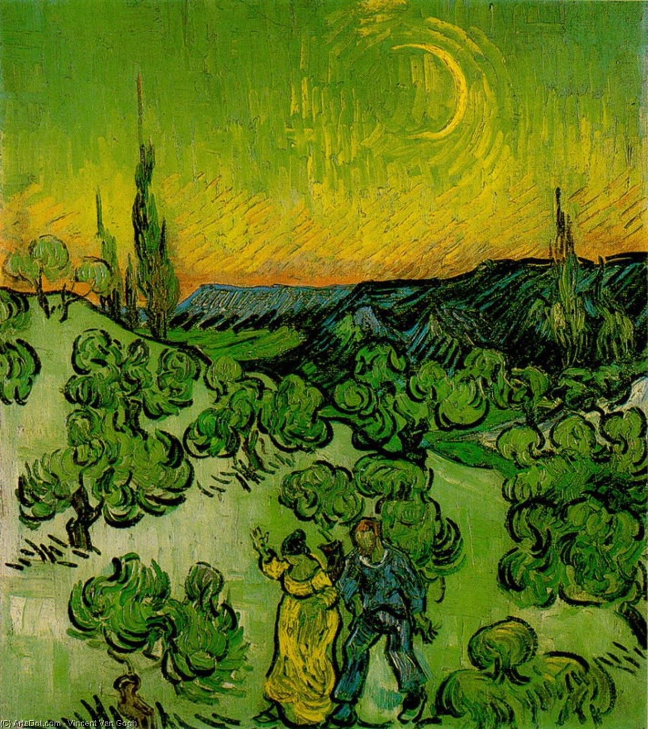 Order Art Reproductions Landscape with Couple Walking and Crescent Moon, 1890 by Vincent Van Gogh (1853-1890, Netherlands) | ArtsDot.com