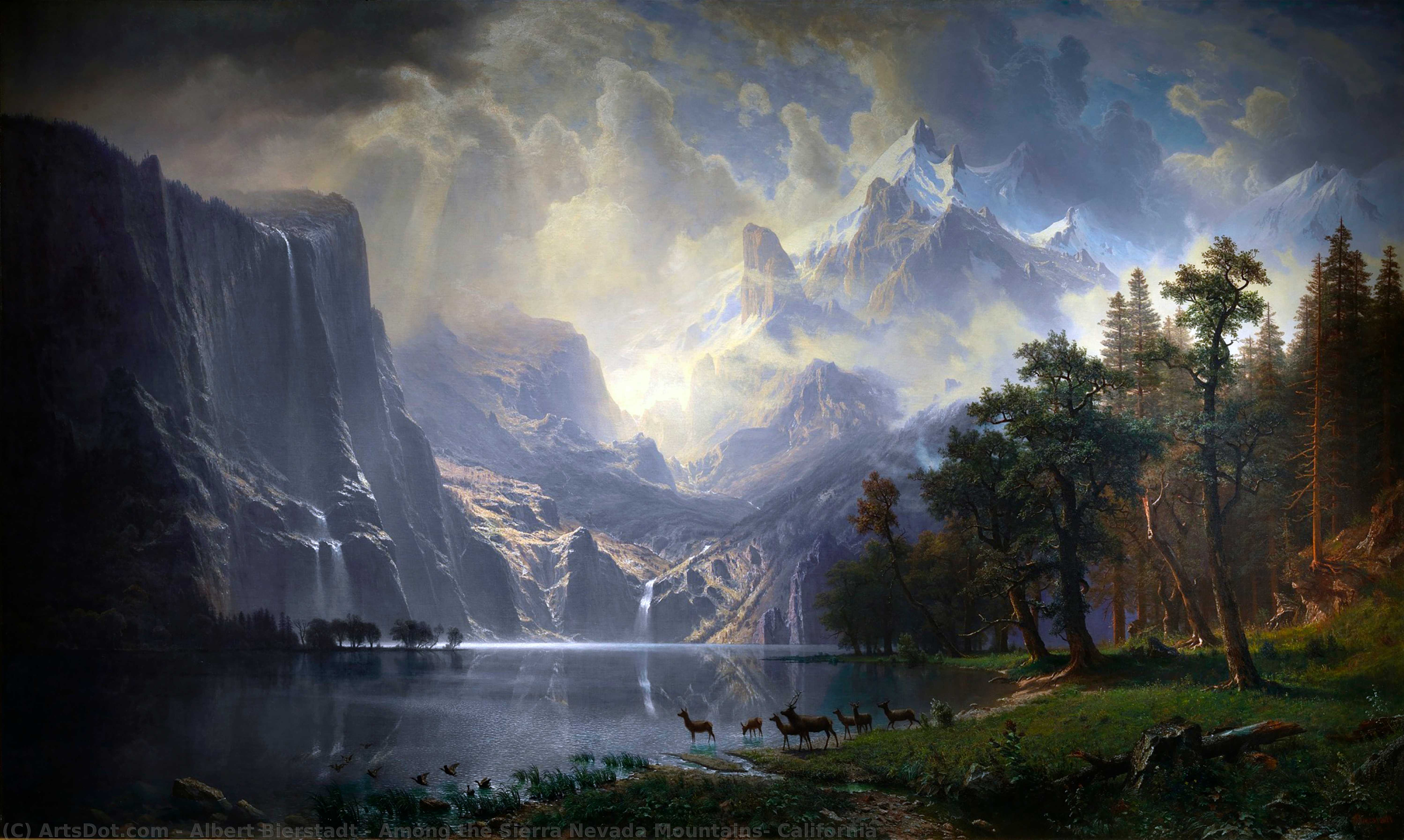 Kauf Museum Kunstreproduktionen Unter den Sierra Nevada Bergen, Kalifornien, 1868 von Albert Bierstadt (1830-1902, Germany) | ArtsDot.com
