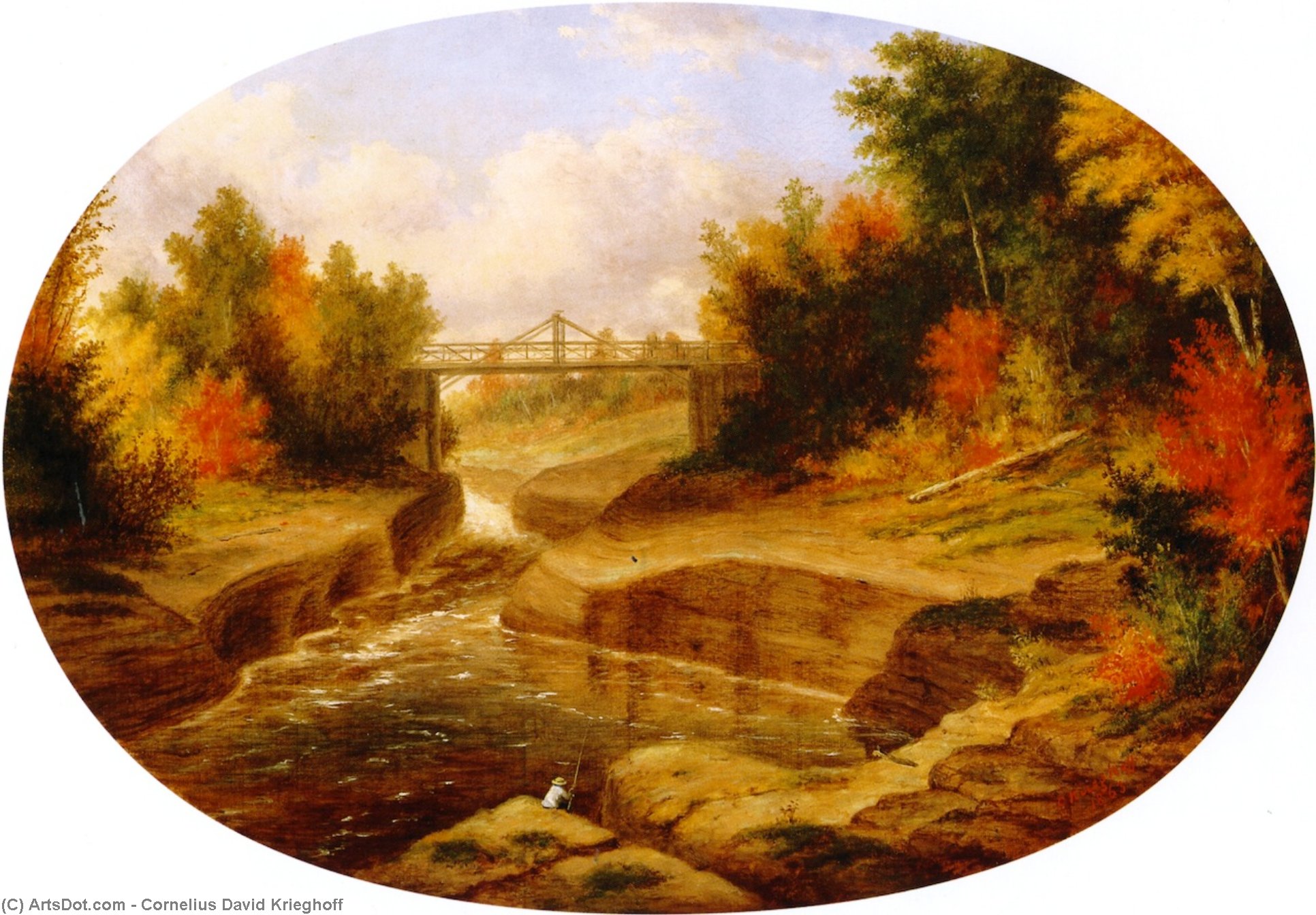 順序 油絵 Dery`s Bridge, サーモン・リープ, ジャック・カルティエ・リバー, 1863 バイ Cornelius David Krieghoff (1815-1872, Netherlands) | ArtsDot.com