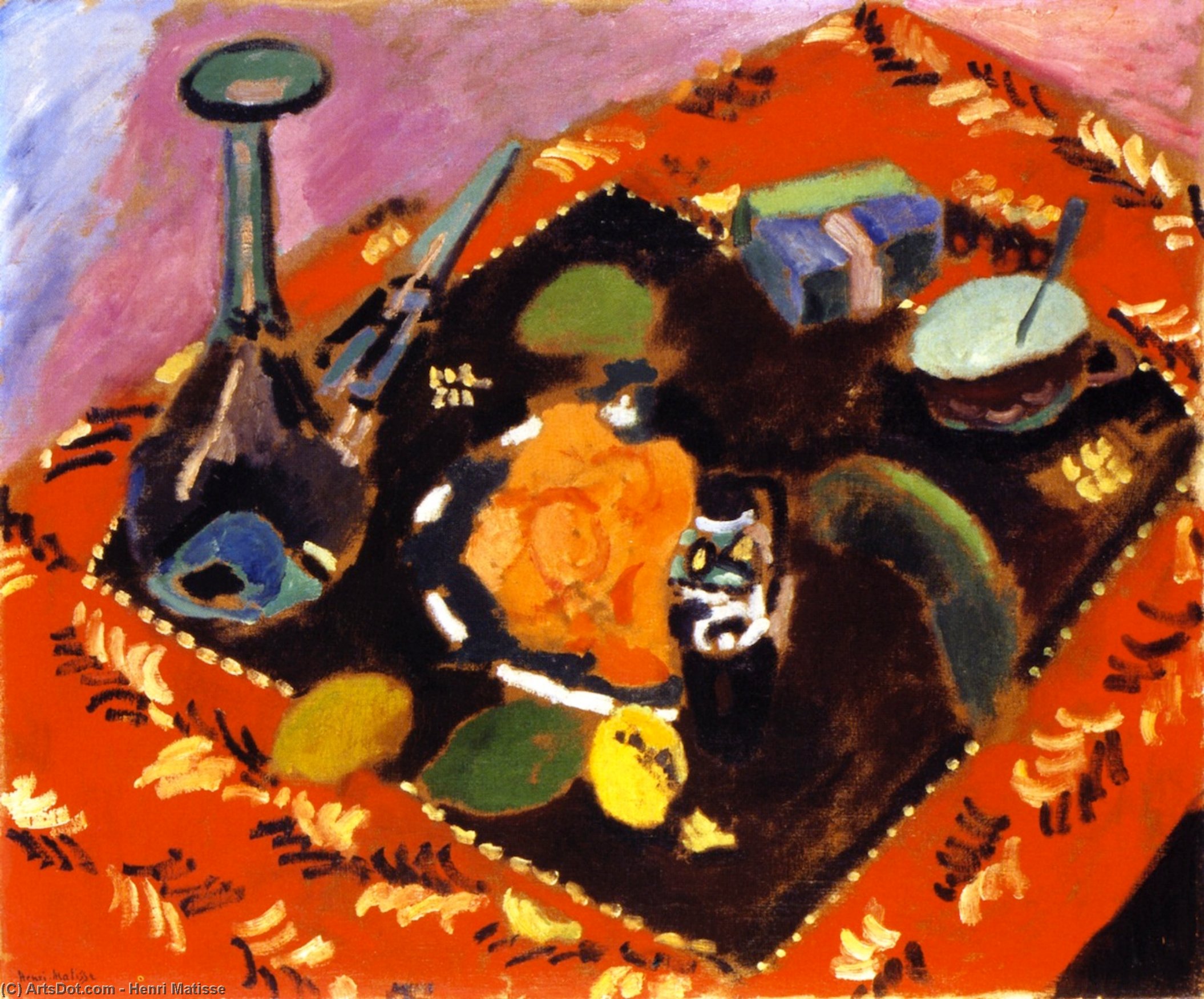 購入 美術館の複製、美術複製、絵画複製、美術館の品質プリント、美術品の複製、有名な絵画の複製、博物館の品質再現、キャンバスにアートプリント レッドカーペットとブラックカーペット(ル・タピス・ルージュとも呼ばれる)のディッシュとフルーツ, 1906 バイ Henri Matisse (に触発された) (1869-1954, France) | ArtsDot.com