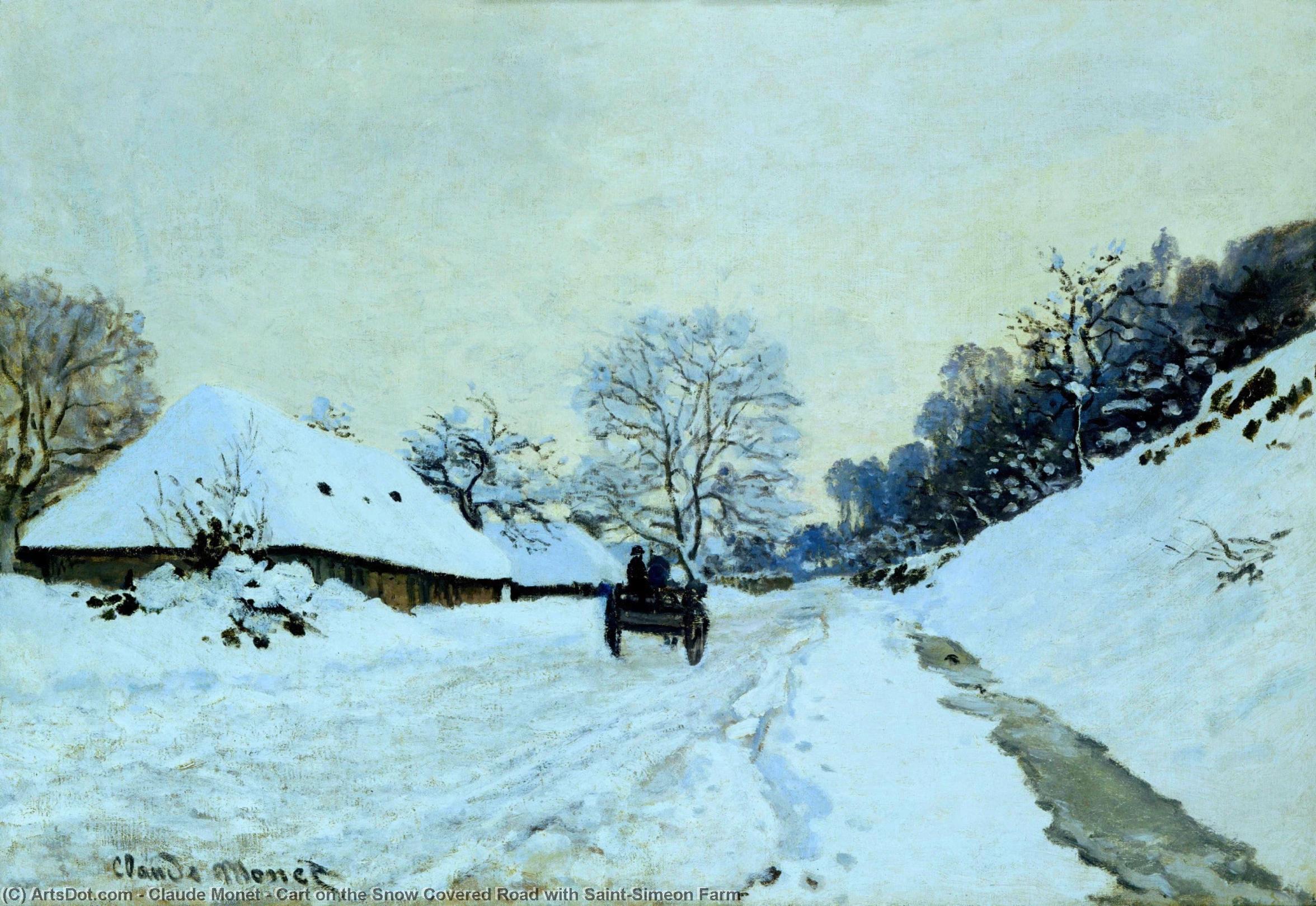 Ordem Reproduções De Arte Carrinho na estrada coberta de neve com Saint-Simeon Fazenda, 1865 por Claude Monet (1840-1926, France) | ArtsDot.com