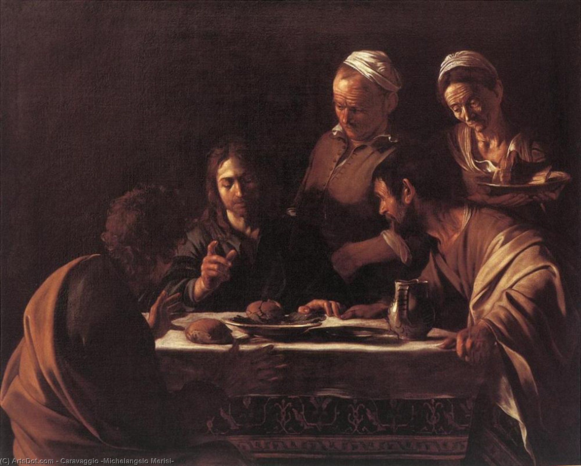 Bestellen Gemälde Reproduktionen Abendmahl bei Emmaus, 1606 von Caravaggio (Michelangelo Merisi) (1571-1610, Spain) | ArtsDot.com