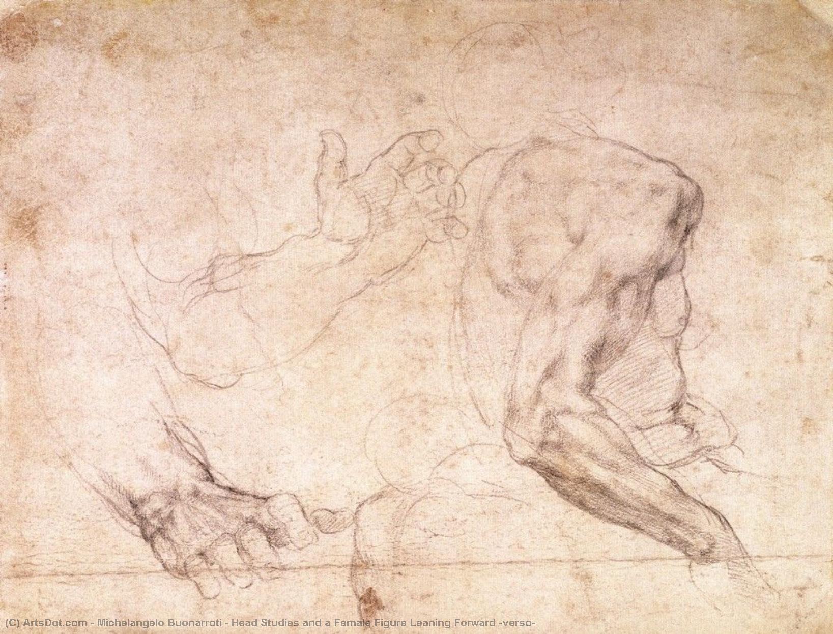Order Artwork Replica Head Studies and a Female Figure Leaning Forward (verso), 1522 by Michelangelo Buonarroti (1475-1564, Italy) | ArtsDot.com