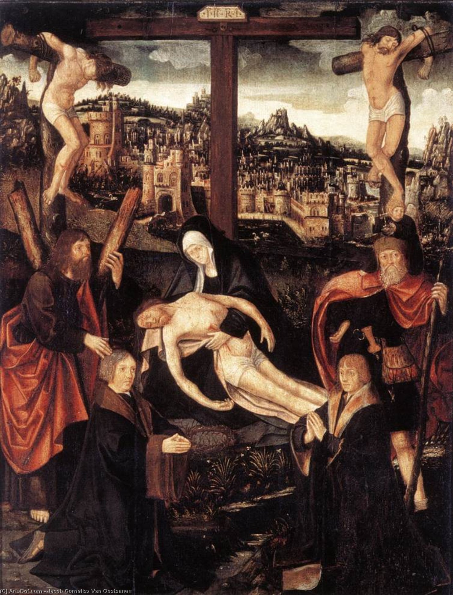 順序 油絵 ドナーと聖人とのCrucifixion, 1515 バイ Jacob Cornelisz Van Oostsanen (1470-1533, Netherlands) | ArtsDot.com