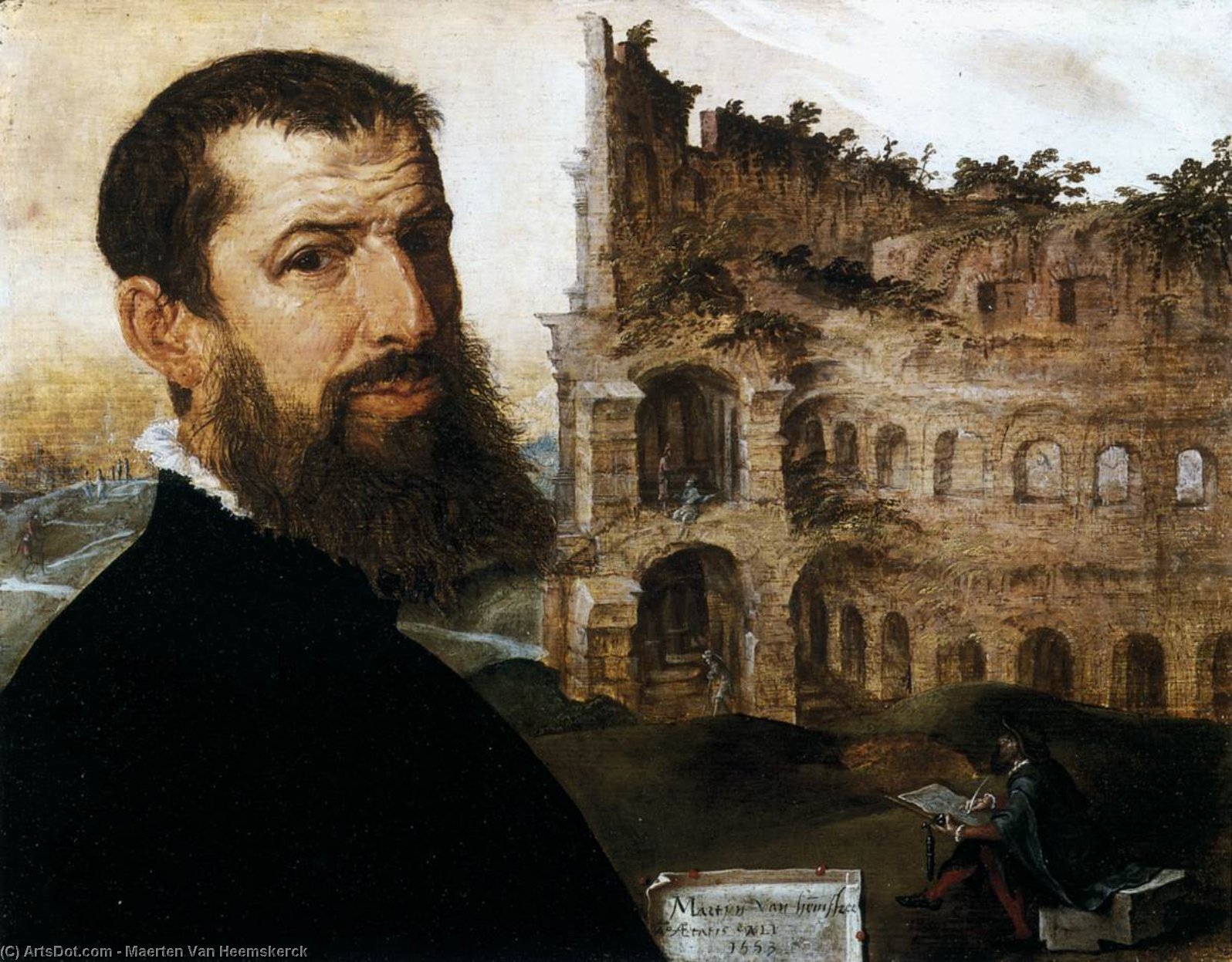 Order Oil Painting Replica Self-Portrait in Rome with the Colosseum, 1553 by Maarten Van Heemskerck | ArtsDot.com
