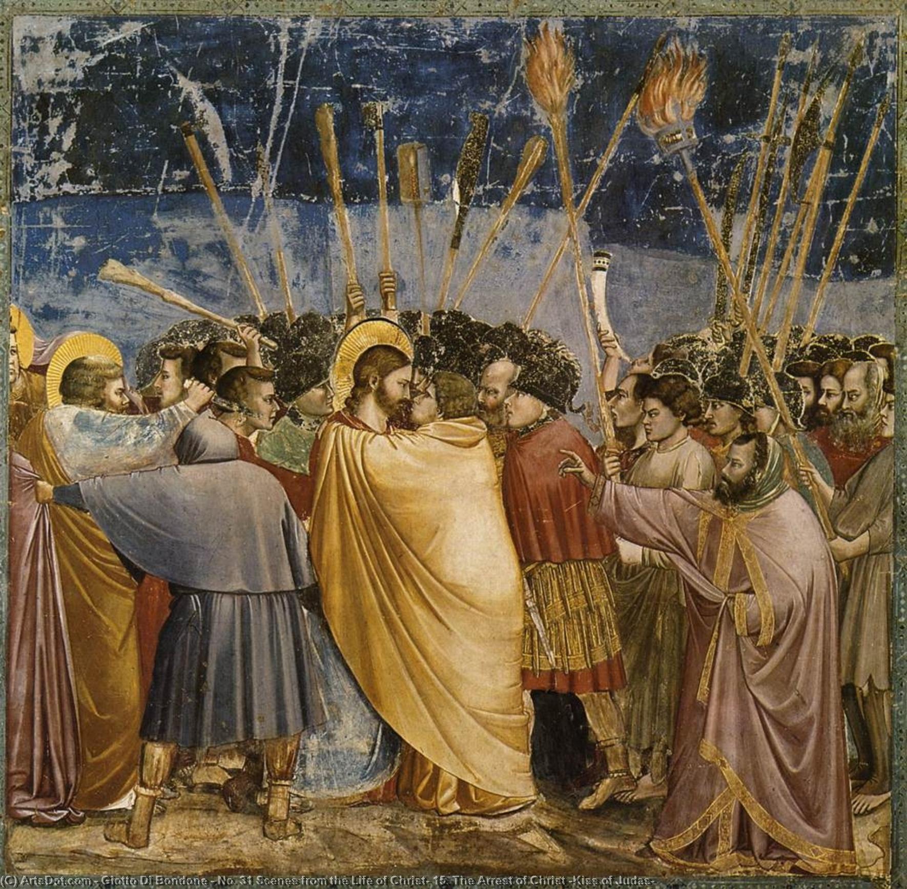 Order Paintings Reproductions No. 31 Scenes from the Life of Christ: 15. The Arrest of Christ (Kiss of Judas), 1304 by Giotto Di Bondone (1267-1337, Italy) | ArtsDot.com