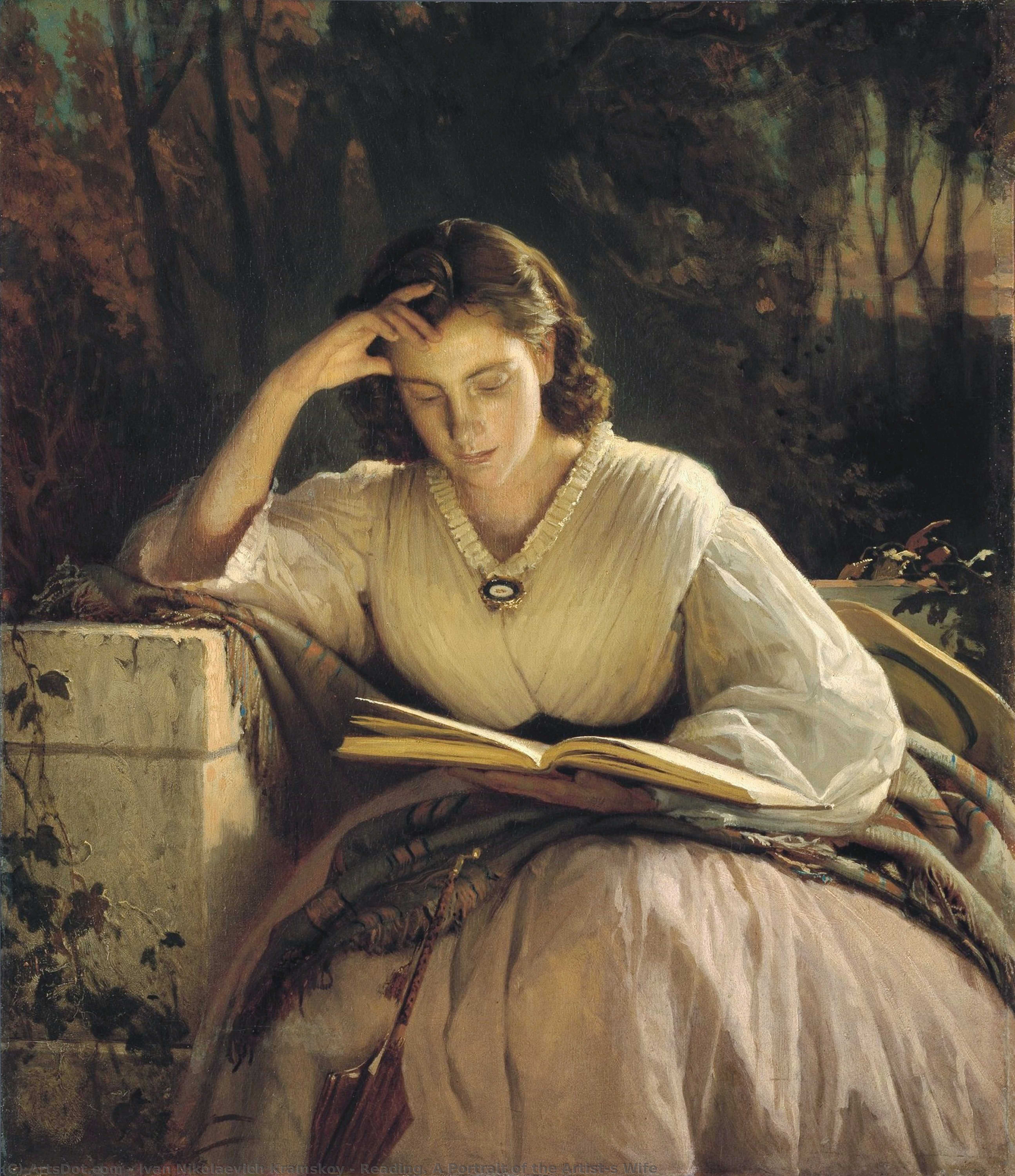 順序 油絵 読書。 アーティストの妻の肖像, 1866 バイ Ivan Nikolaevich Kramskoy (1837-1887, Russia) | ArtsDot.com
