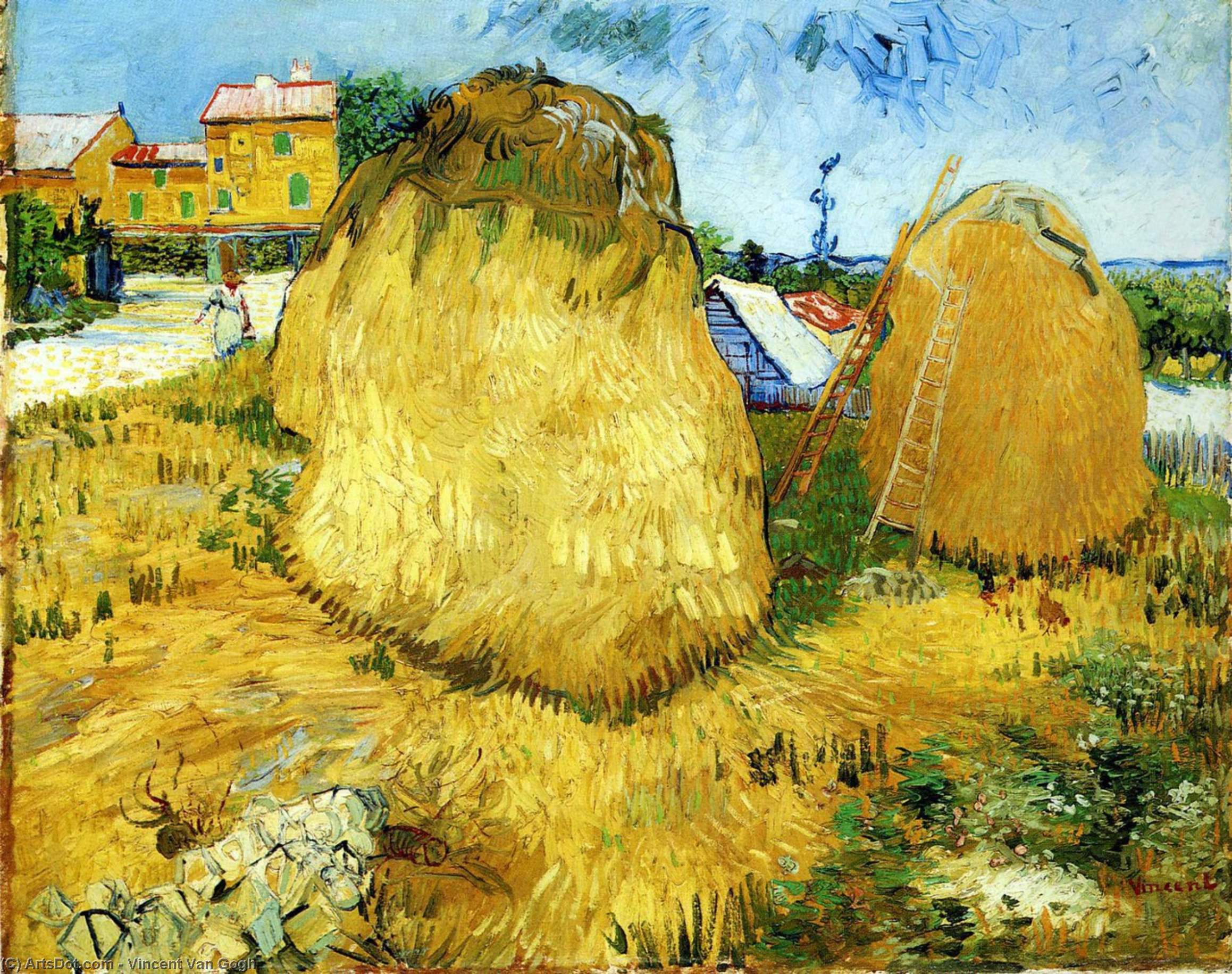 Ordinare Riproduzioni D'arte Stacks of Wheat vicino a un Agriturismo, 1888 di Vincent Van Gogh (1853-1890, Netherlands) | ArtsDot.com