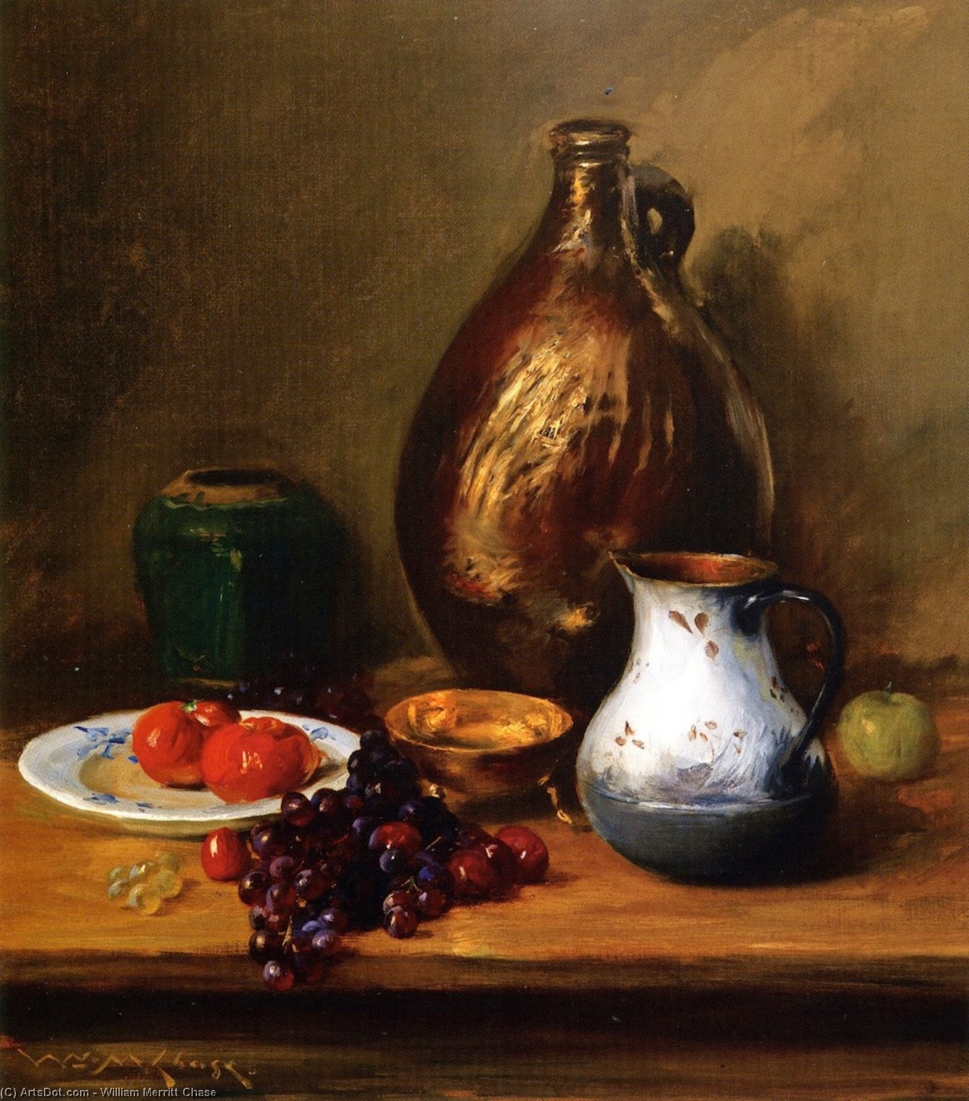 Order Oil Painting Replica Still LIfe with Fruit and Pottery (also known as Still LIfe with Fish, A Skate) by William Merritt Chase (1849-1916, United States) | ArtsDot.com