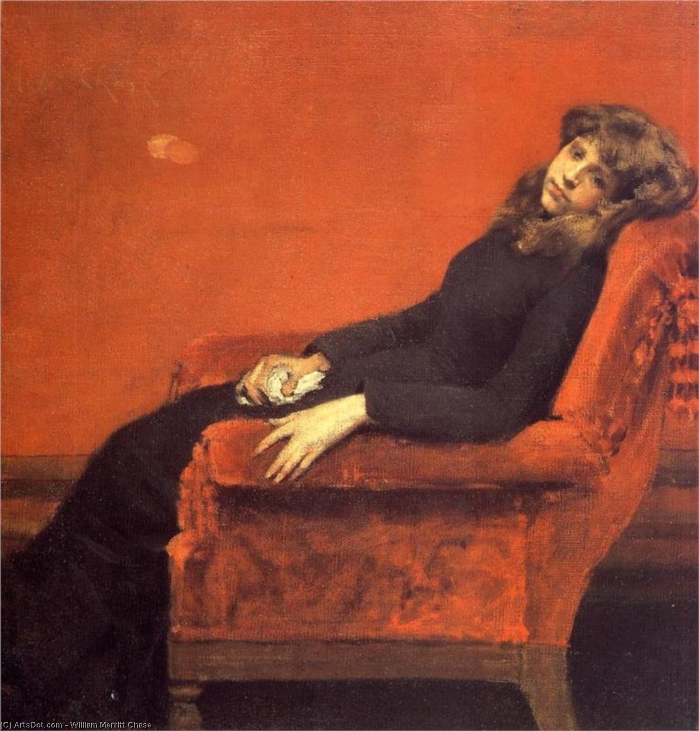 顺序 油畫 年轻孤儿,研究一个年轻女孩(又名 ` 在她轻松 ` ), 1884 通过 William Merritt Chase (1849-1916, United States) | ArtsDot.com