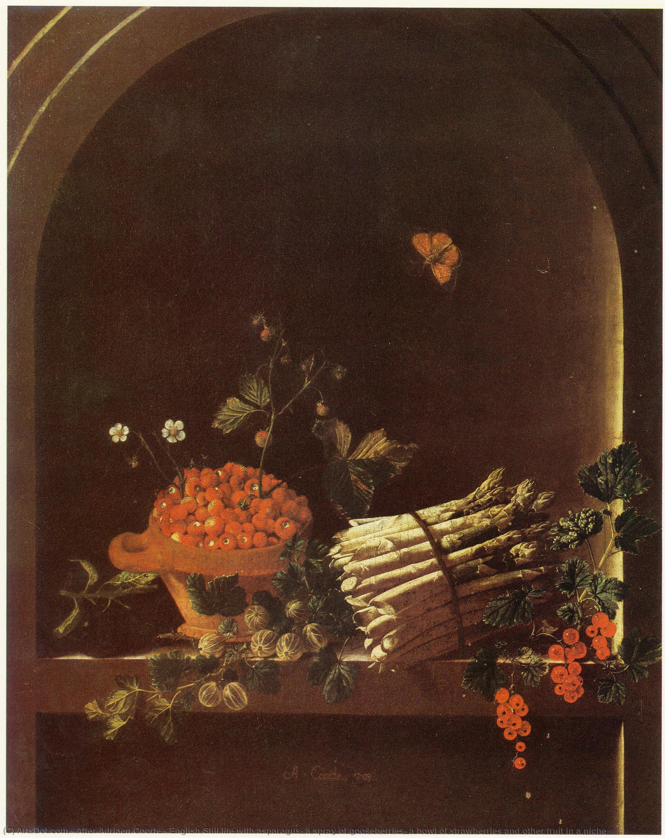 Order Art Reproductions English Still life with asparagus, a spray of gooseberries, a bowl of strawberries and other fruit in a niche, 1703 by After Adriaen Coorte (1665-1707) | ArtsDot.com