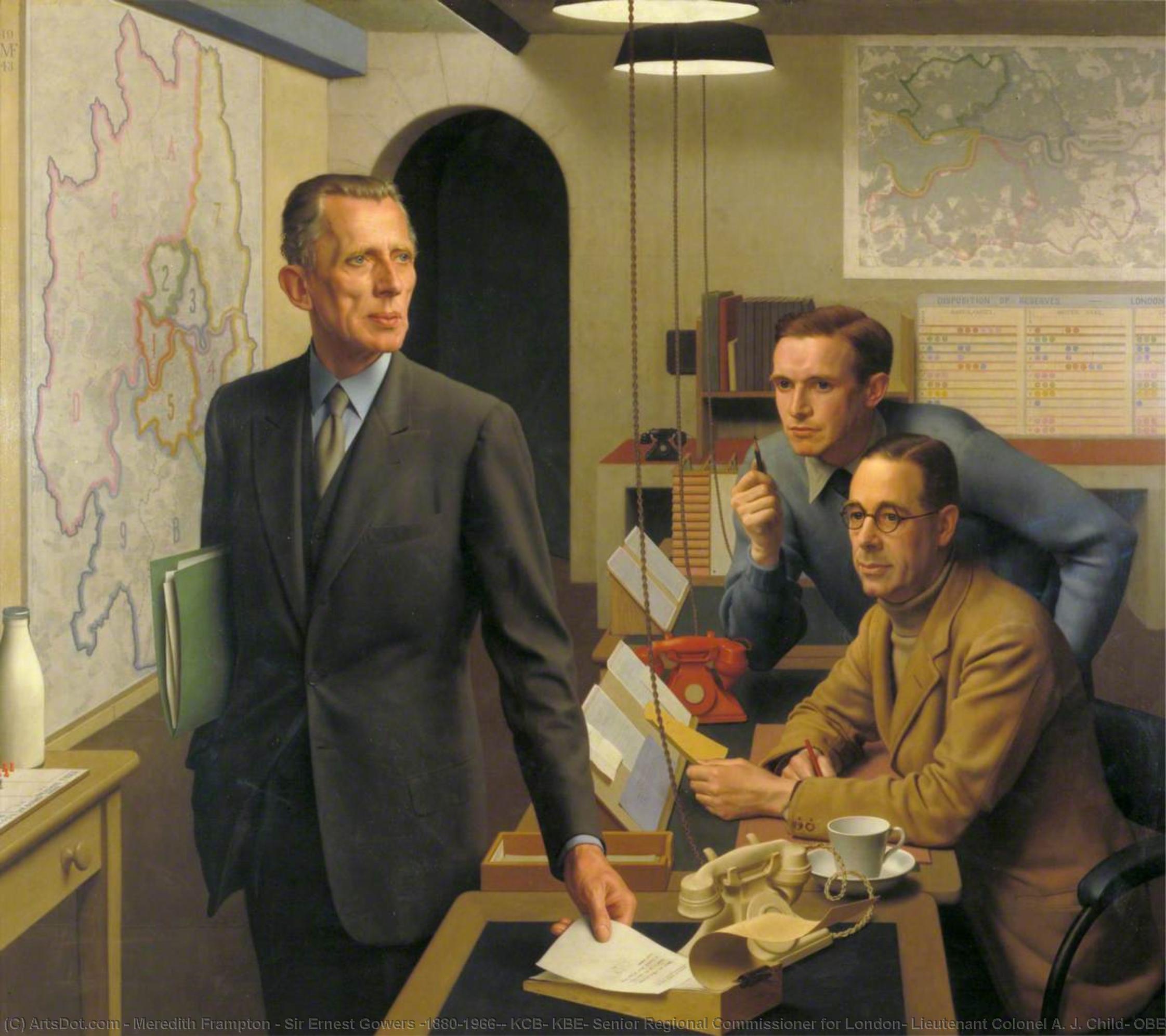 Order Artwork Replica Sir Ernest Gowers (1880–1966), KCB, KBE, Senior Regional Commissioner for London, Lieutenant Colonel A. J. Child, OBE, MC, Director of Operations and Intelligence, and K. A. L. Parker, Deputy Chief Administrative Officer, in the London Regional Civil Defence Control Room, 1943 by Meredith Frampton (Inspired By) (1894-1984, United Kingdom) | ArtsDot.com