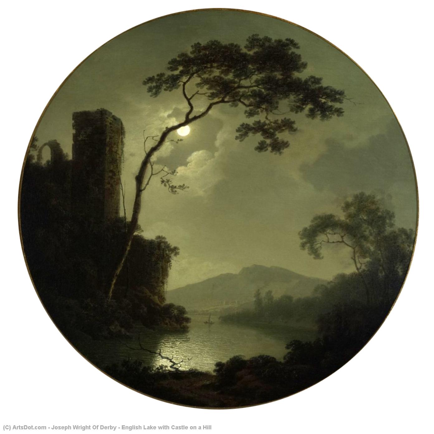 Order Paintings Reproductions English Lake with Castle on a Hill, 1787 by Joseph Wright Of Derby (1734-1797, United Kingdom) | ArtsDot.com