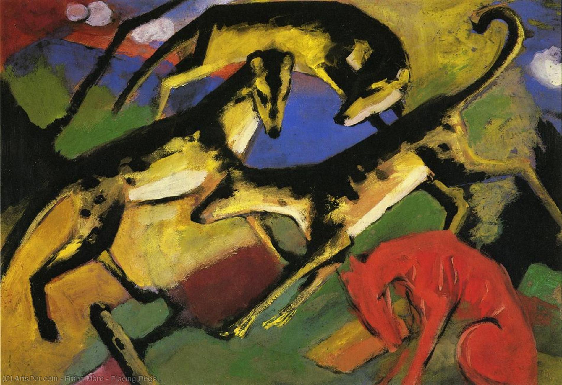 Order Art Reproductions Playing Dogs, 1912 by Franz Marc (1880-1916, Germany) | ArtsDot.com