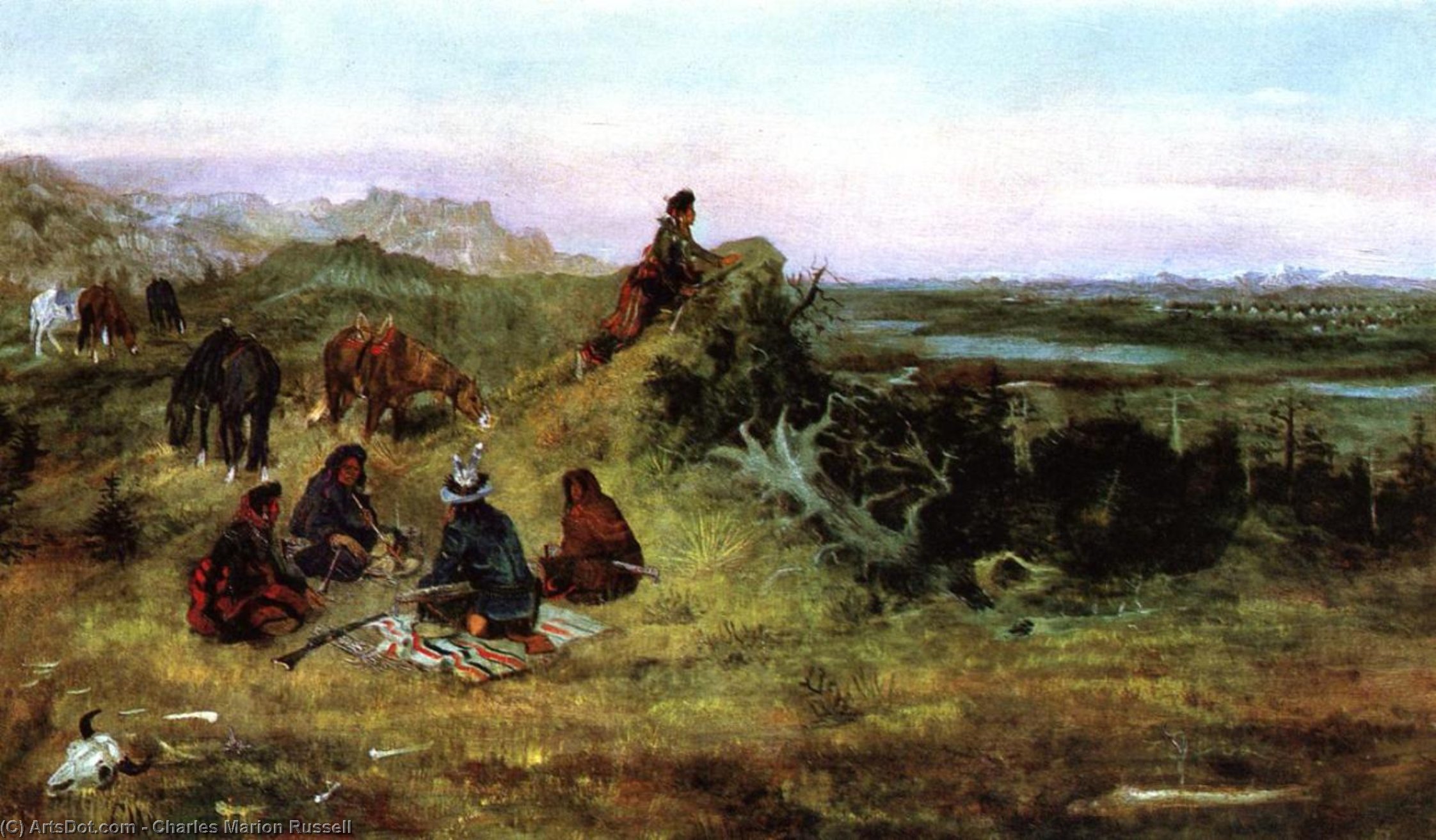 Order Art Reproductions The Piegans Preparing to Steal Horses from the Crows, 1888 by Charles Marion Russell (1864-1926, United States) | ArtsDot.com