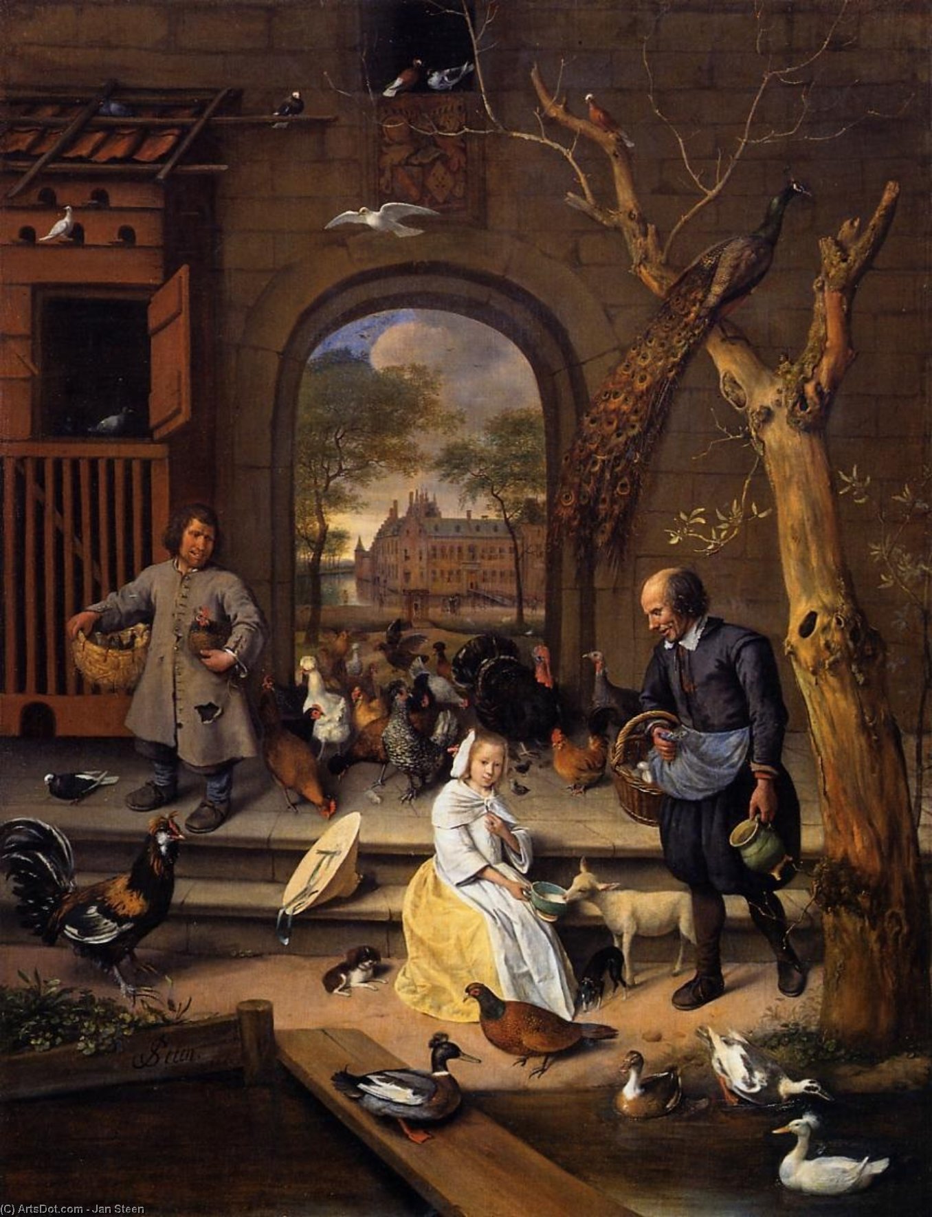 Ordinare Riproduzioni D'arte Il Poultry Yard, 1660 di Jan Steen (1626-1679, Netherlands) | ArtsDot.com