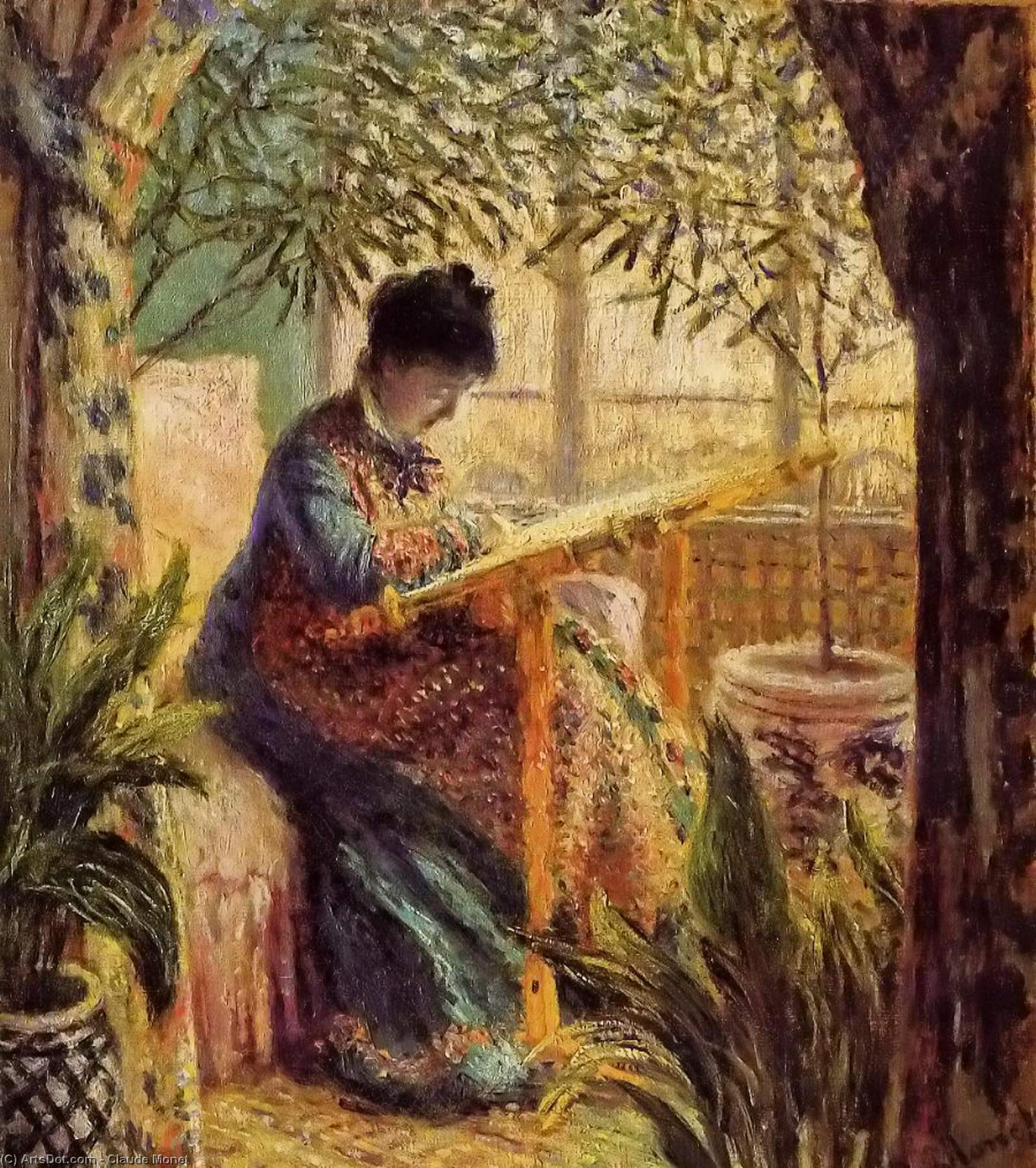 Compra Riproduzioni D'arte Del Museo Camille Embroidering, 1875 di Claude Monet (1840-1926, France) | ArtsDot.com