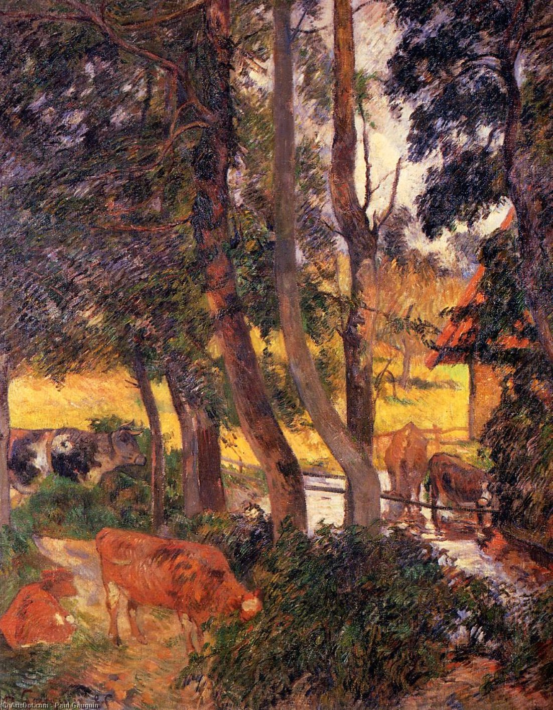 顺序 油畫 吃牛(又名`水塘边`或`取水地上牛`)., 1885 通过 Paul Gauguin (1848-1903, France) | ArtsDot.com