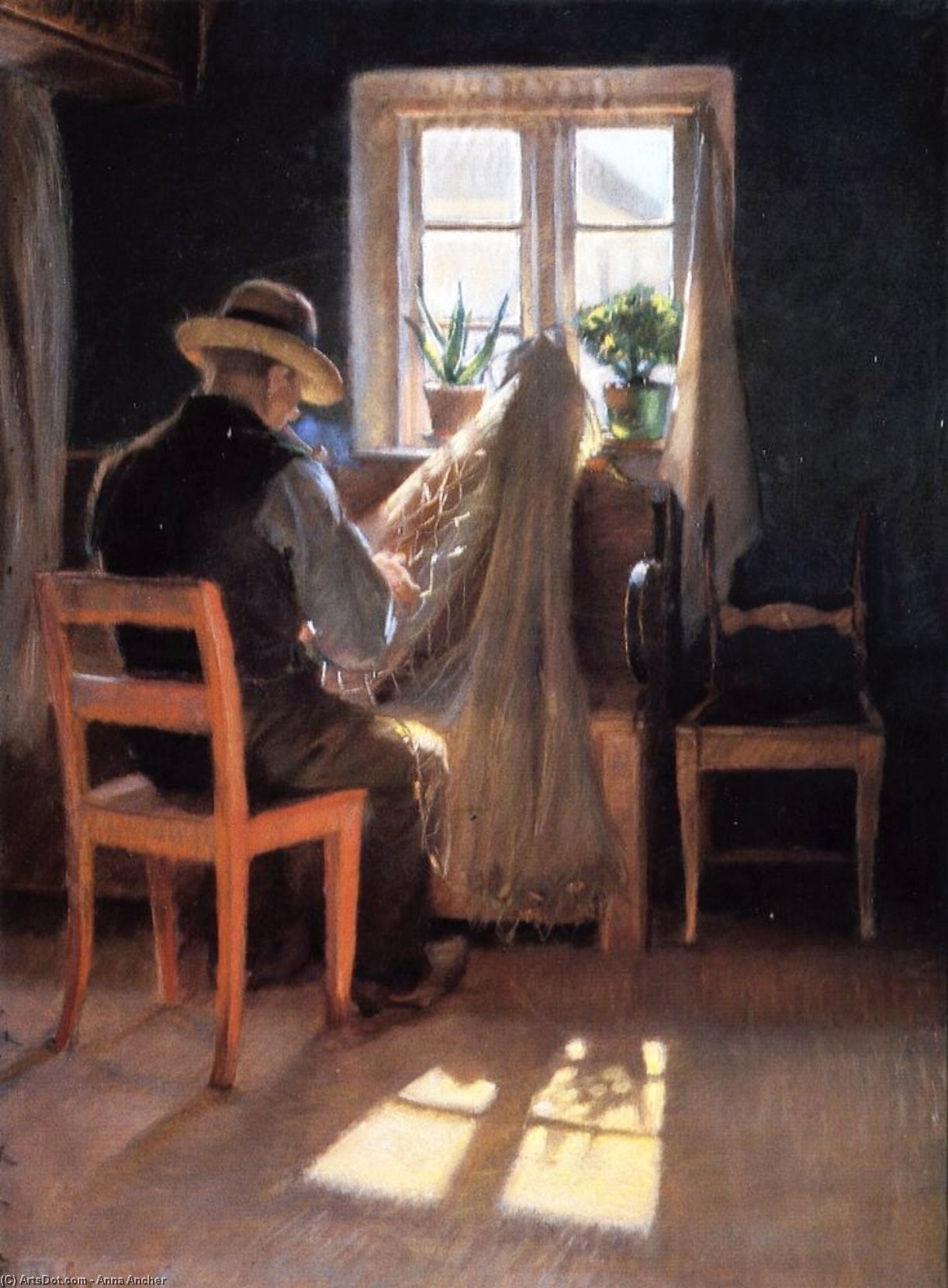 順序 手描き油絵 Fisherman Kræn Wollesen Mending ネット, 1886 バイ Anna Kirstine Ancher (1859-1935, Denmark) | ArtsDot.com
