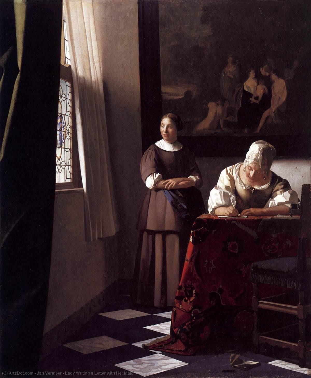 Pedir Reproducciones De Bellas Artes La señora escribe una carta con su doncella, 1670 de Johannes Vermeer (1632-1675, Netherlands) | ArtsDot.com