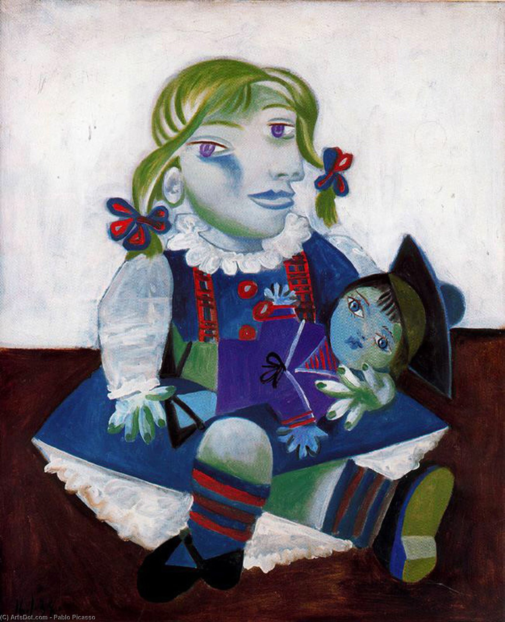 购买 博物馆艺术复制品，艺术复制品，绘画复制品，博物馆质量版画，美术复制品，着名绘画复制品，博物馆品质复制品，帆布艺术版画 玛雅与她的娃娃相貌, 1938 通过 Pablo Picasso (灵感来自) (1881-1973, Spain) | ArtsDot.com