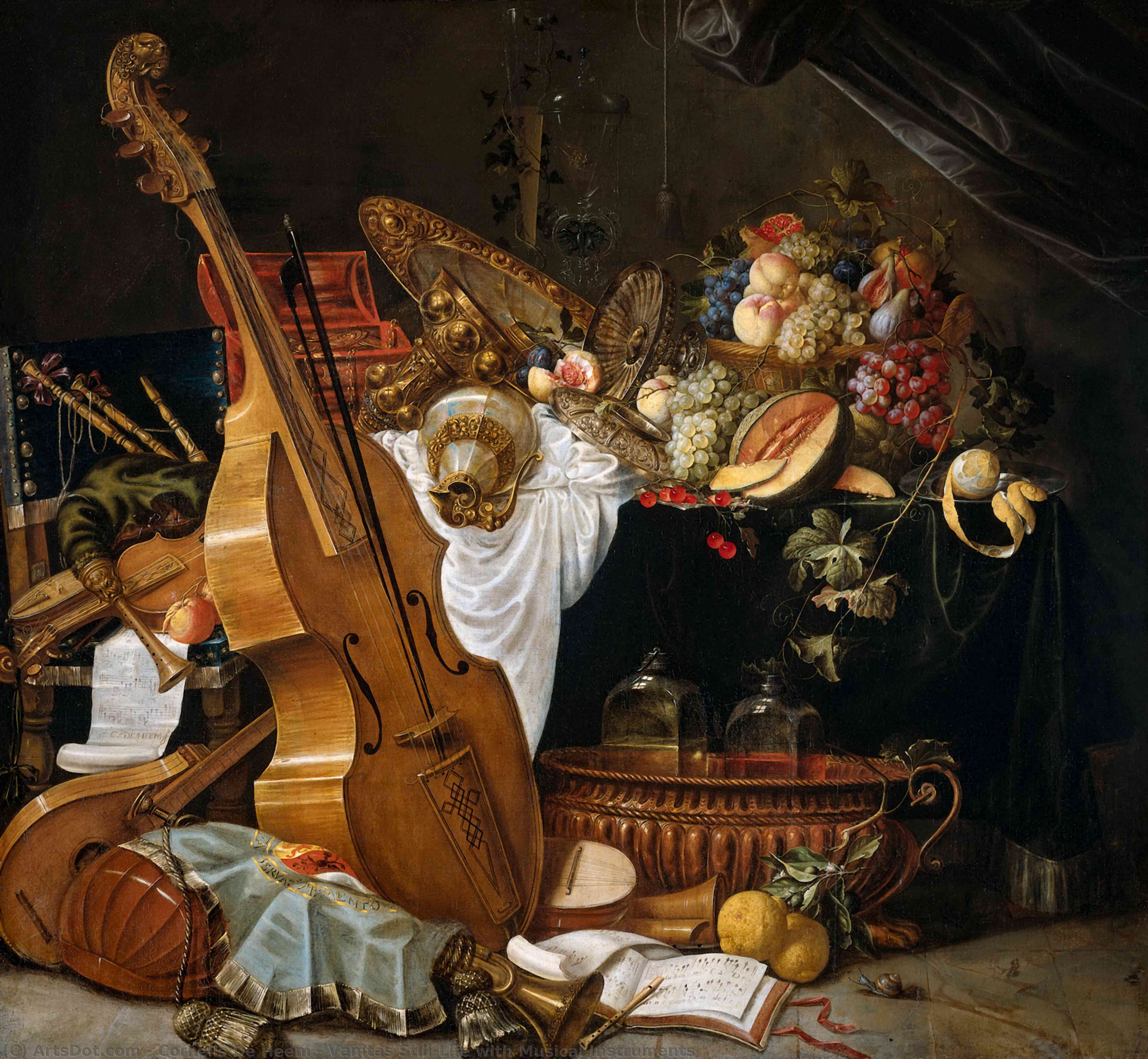 Ordem Gravura De Qualidade De Museu Vanitas Still-Life com instrumentos musicais por Cornelis De Heem (1631-1695, Netherlands) | ArtsDot.com