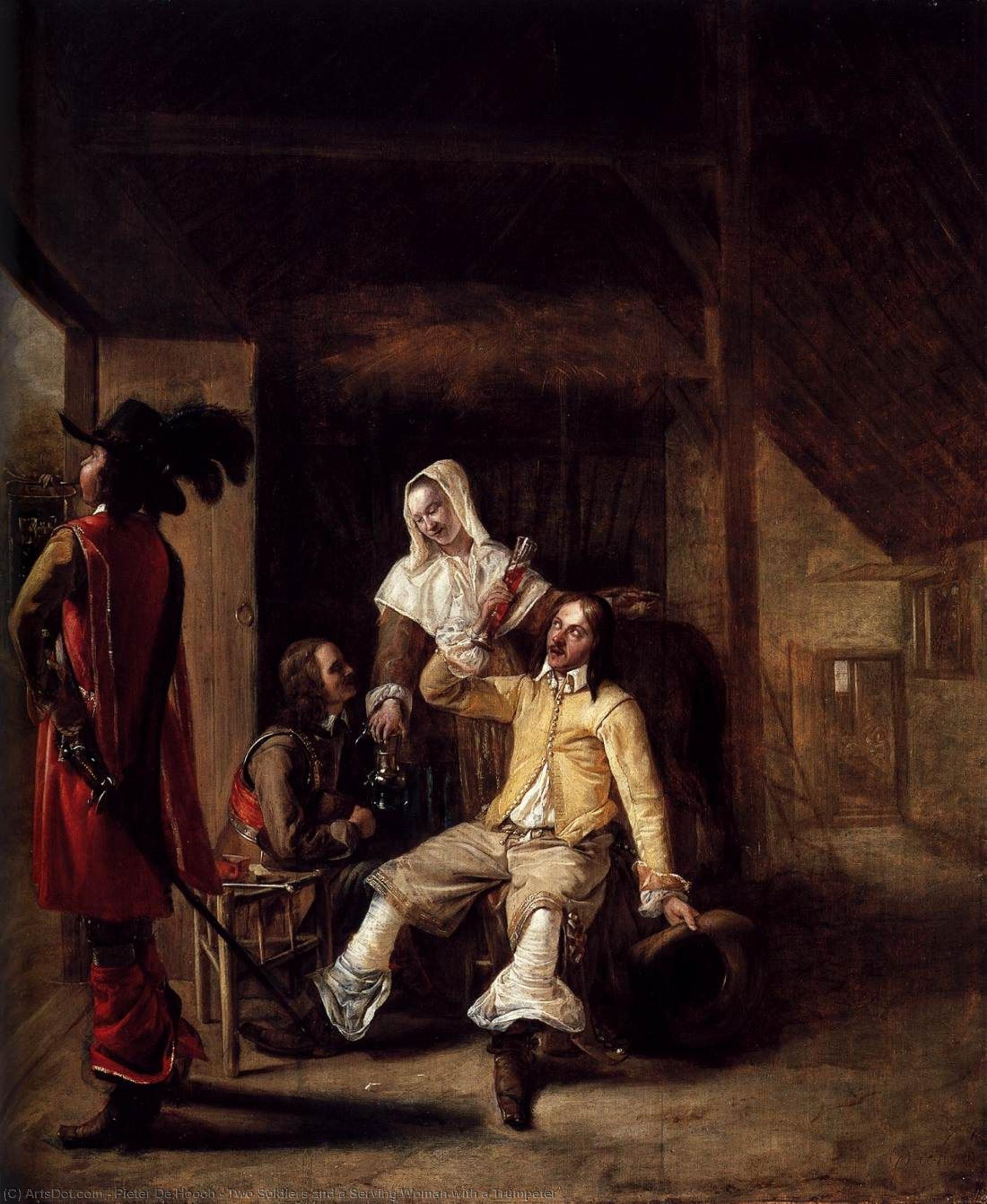 Buy Museum Art Reproductions Two Soldiers and a Serving Woman with a Trumpeter, 1654 by Pieter De Hooch (1629-1694, Netherlands) | ArtsDot.com