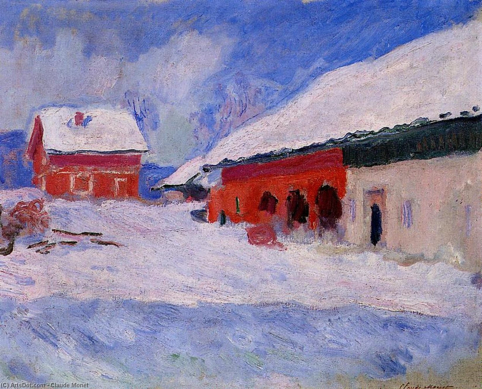 Order Oil Painting Replica Red Houses at Bjornegaard in the Snow, Norway, 1895 by Claude Monet (1840-1926, France) | ArtsDot.com