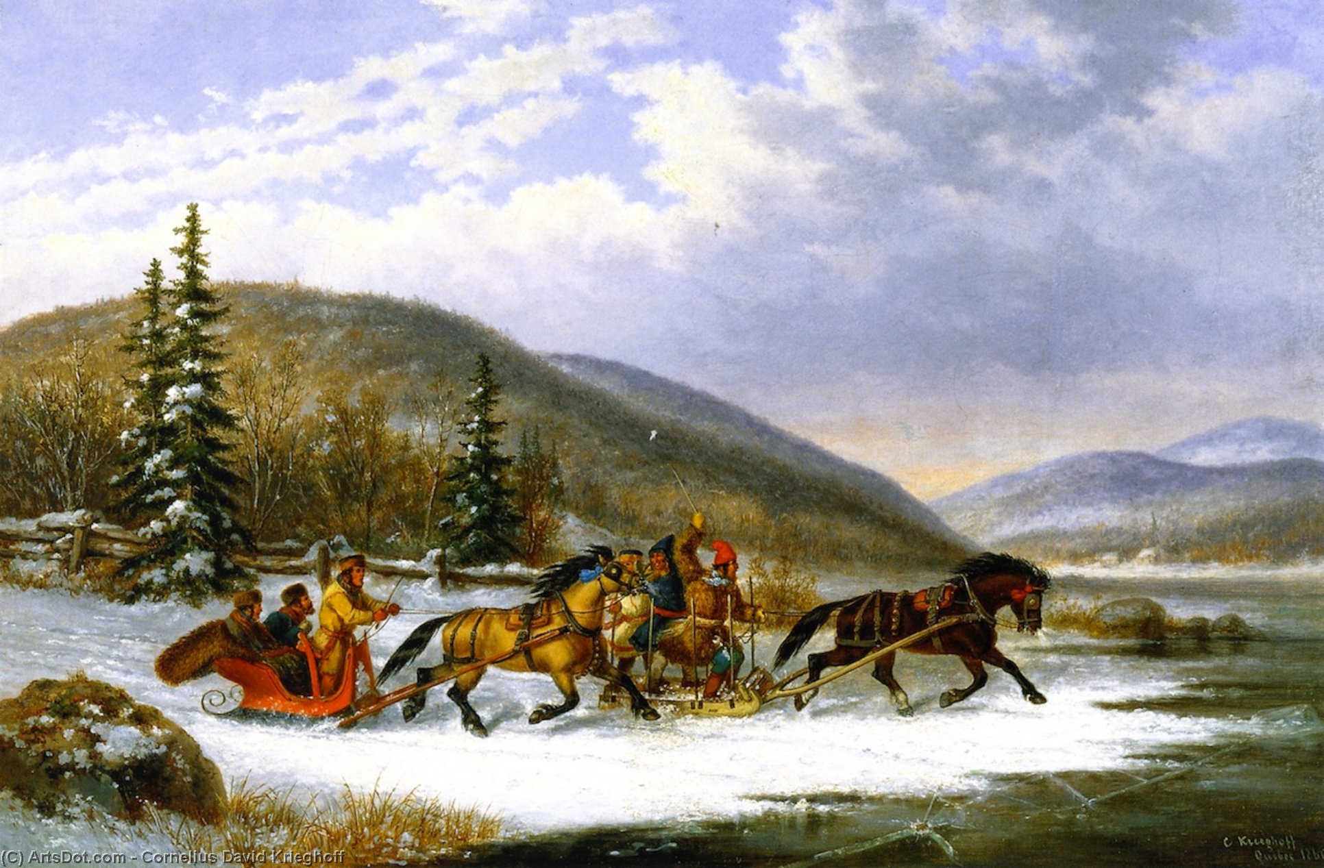 順序 油絵 氷を渡るそりレース, 1861 バイ Cornelius David Krieghoff (1815-1872, Netherlands) | ArtsDot.com