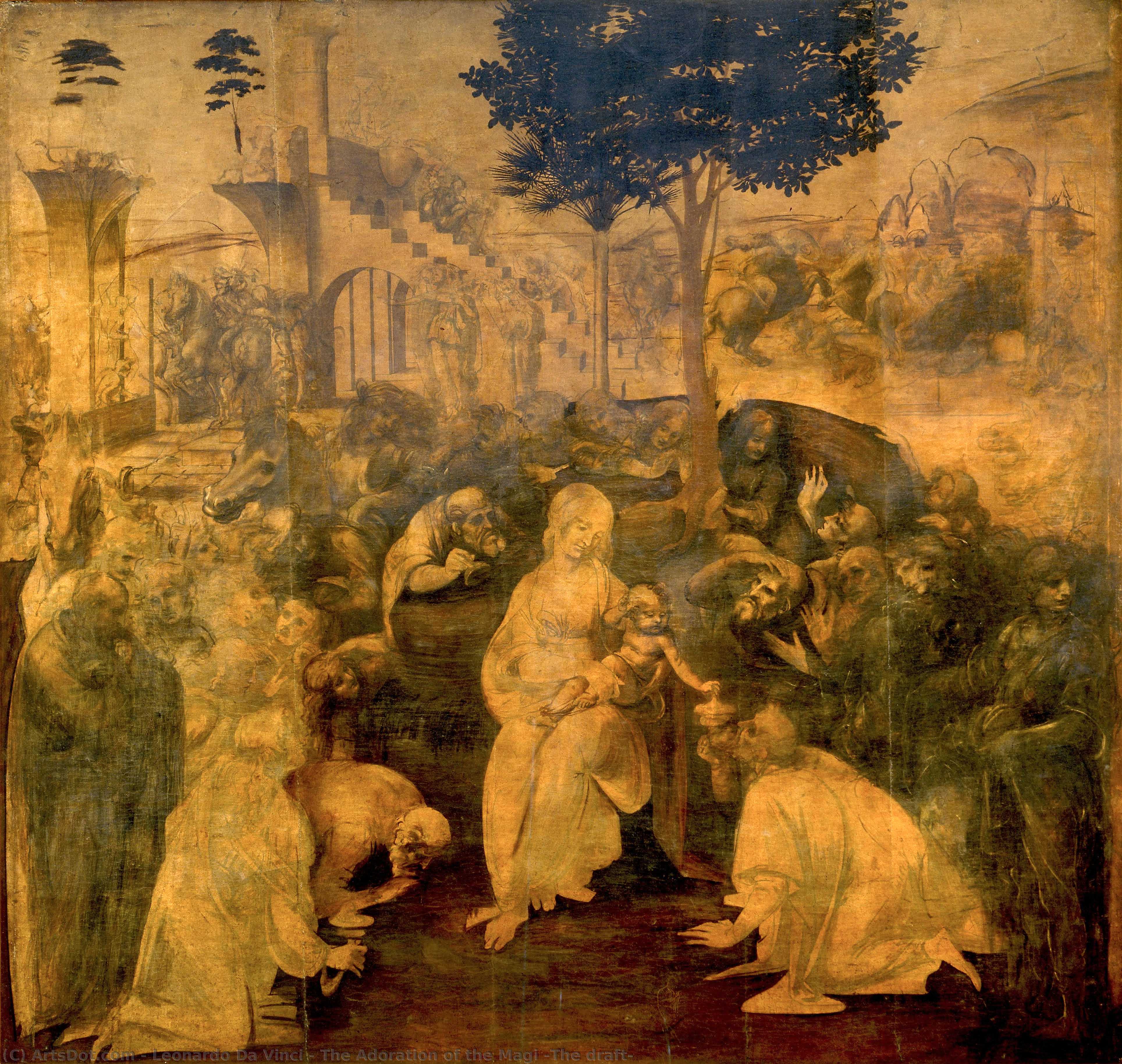 顺序 畫複製 马吉的赞美(草案), 1480 通过 Leonardo Da Vinci (1452-1519, Italy) | ArtsDot.com
