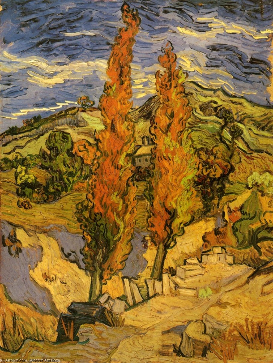 Ordinare Riproduzioni Di Quadri Due pioppi su una strada attraverso le colline, 1889 di Vincent Van Gogh (1853-1890, Netherlands) | ArtsDot.com