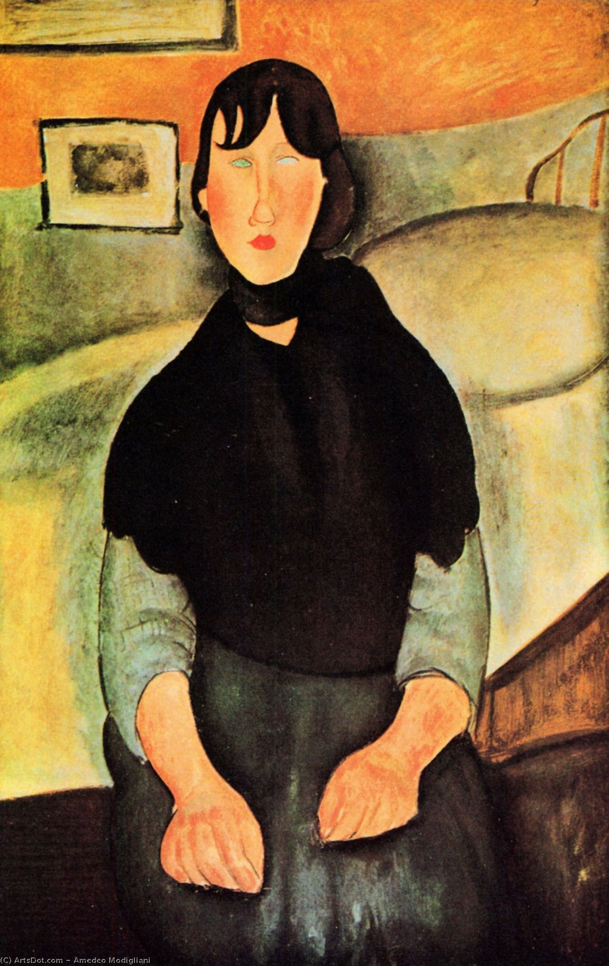 Order Oil Painting Replica Dark Young Woman Seated by a Bed, 1918 by Amedeo Modigliani | ArtsDot.com