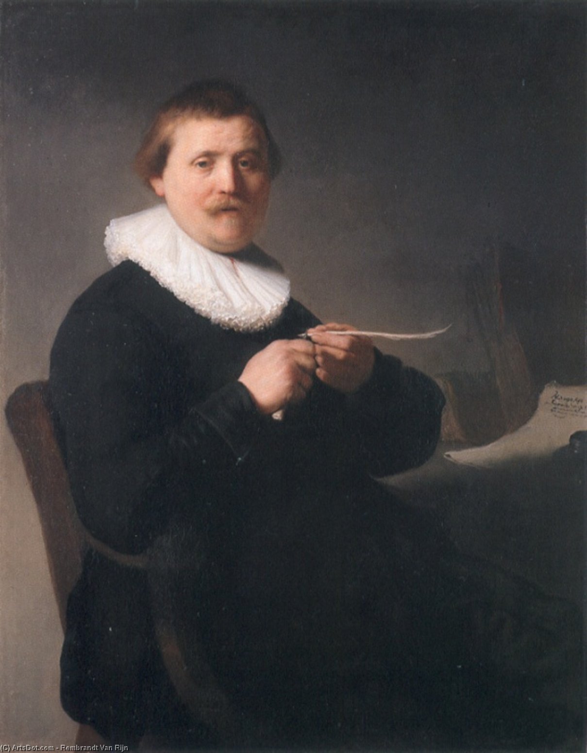 Ordinare Riproduzioni Di Belle Arti Ritratto di un uomo affilare una penna, 1632 di Rembrandt Van Rijn (1606-1669, Netherlands) | ArtsDot.com