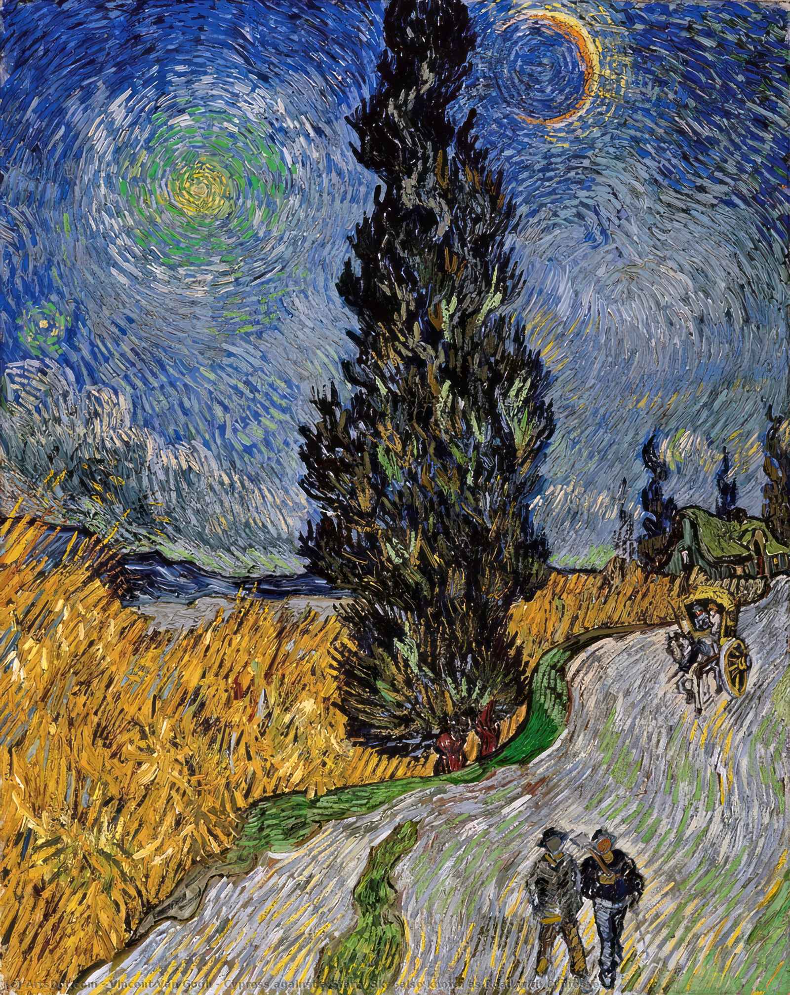 购买 博物馆艺术复制品，艺术复制品，绘画复制品，博物馆质量版画，美术复制品，着名绘画复制品，博物馆品质复制品，帆布艺术版画 Cypress 对抗星空(也叫`与Cypress相通的路`), 1890 通过 Vincent Van Gogh (1853-1890, Netherlands) | ArtsDot.com