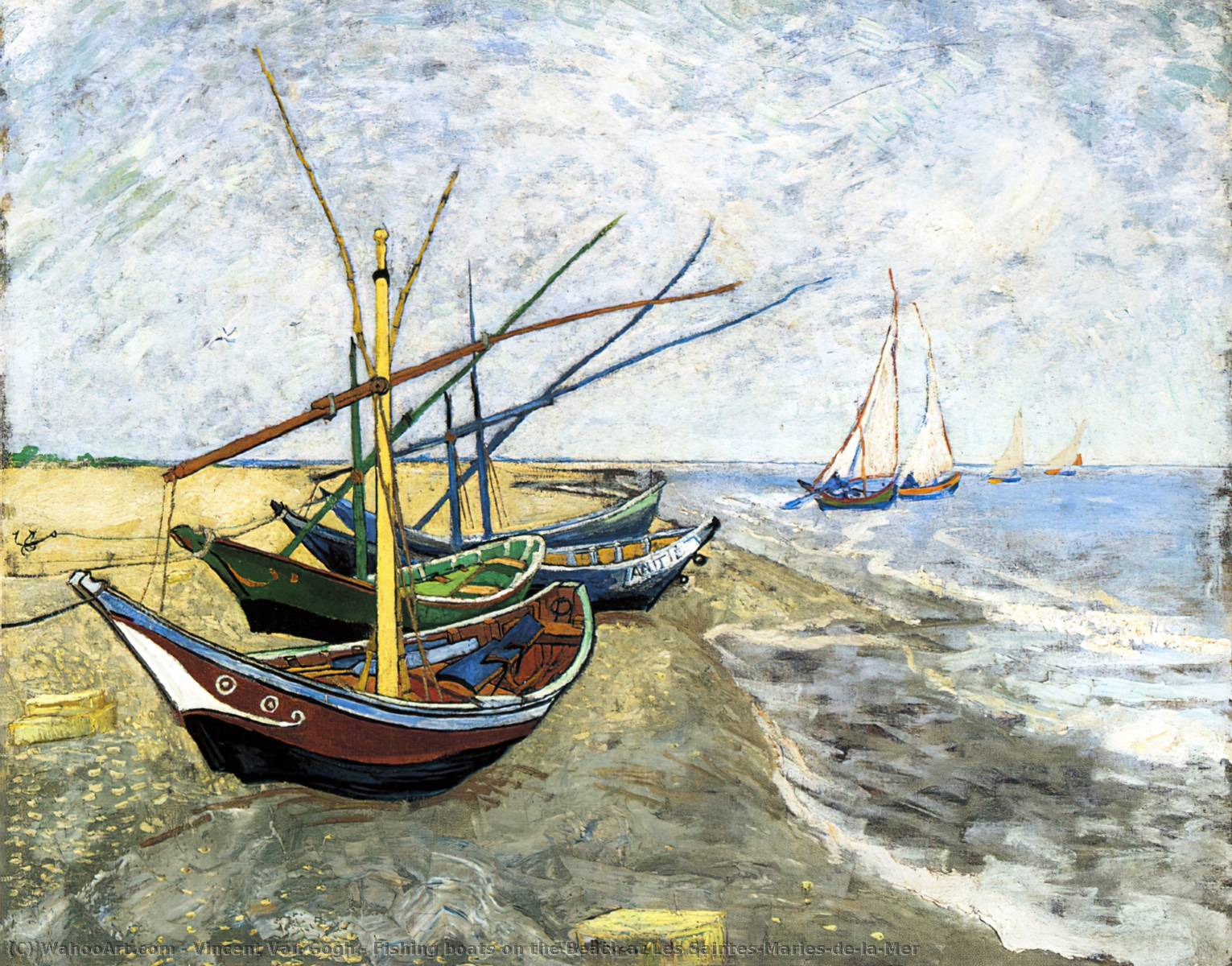 順序 手描き油絵 Les Saintes-Maries-de-la-Merのビーチで釣りボート, 1888 バイ Vincent Van Gogh (1853-1890, Netherlands) | ArtsDot.com