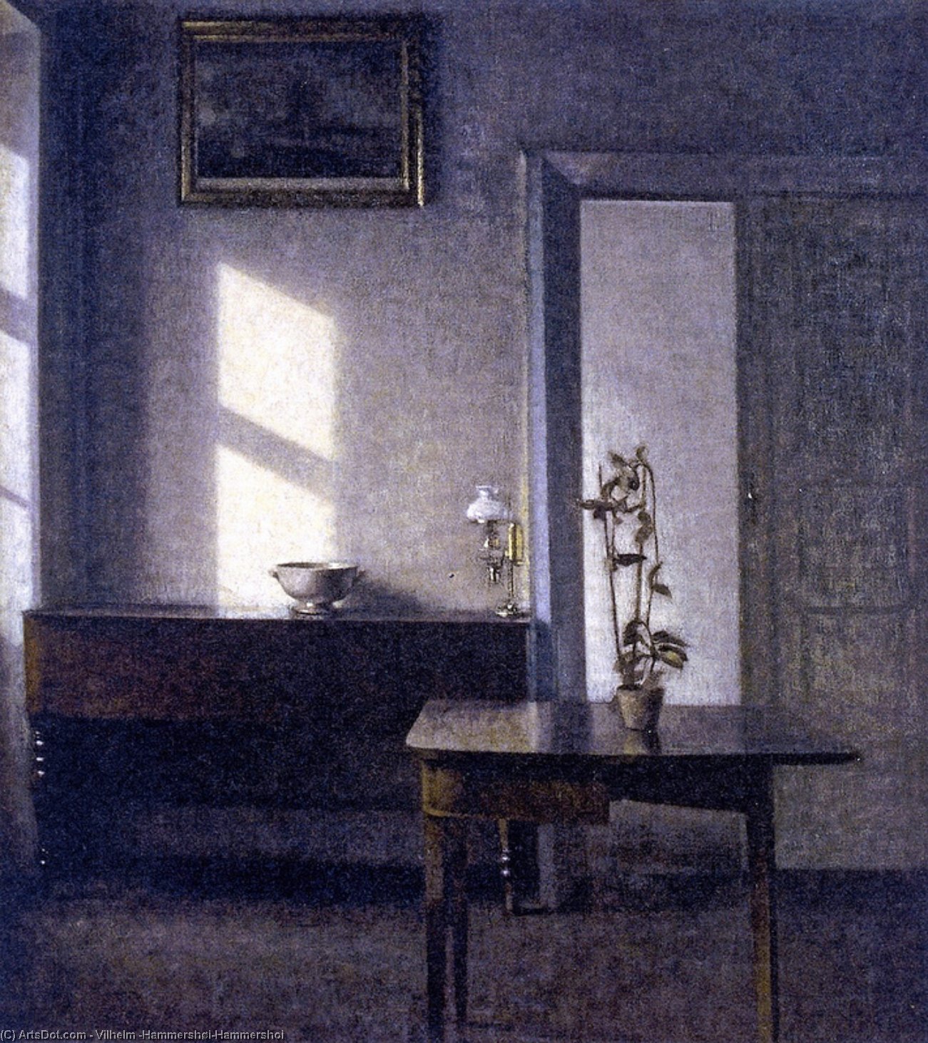 Buy Museum Art Reproductions Interior with Potted Plant on Card Table, Bregade 25, 1910 by Vilhelm (Hammershøi)Hammershoi (1864-1916, Denmark) | ArtsDot.com
