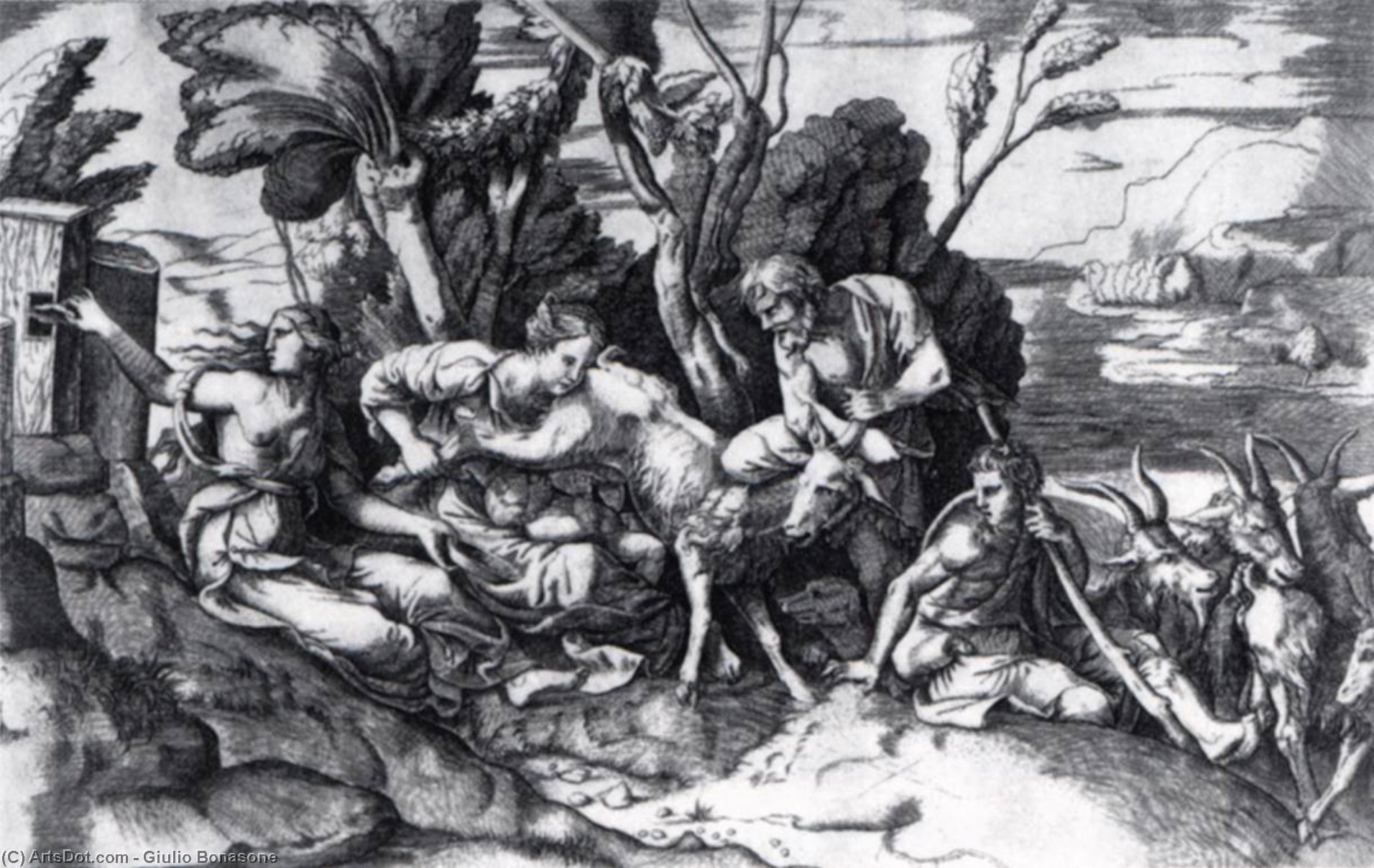 购买 博物馆艺术复制品，艺术复制品，绘画复制品，博物馆质量版画，美术复制品，着名绘画复制品，博物馆品质复制品，帆布艺术版画 Jupiter Suckled by the Goat Amalthea 通过 Giulio Bonasone (1498-1574, Italy) | ArtsDot.com