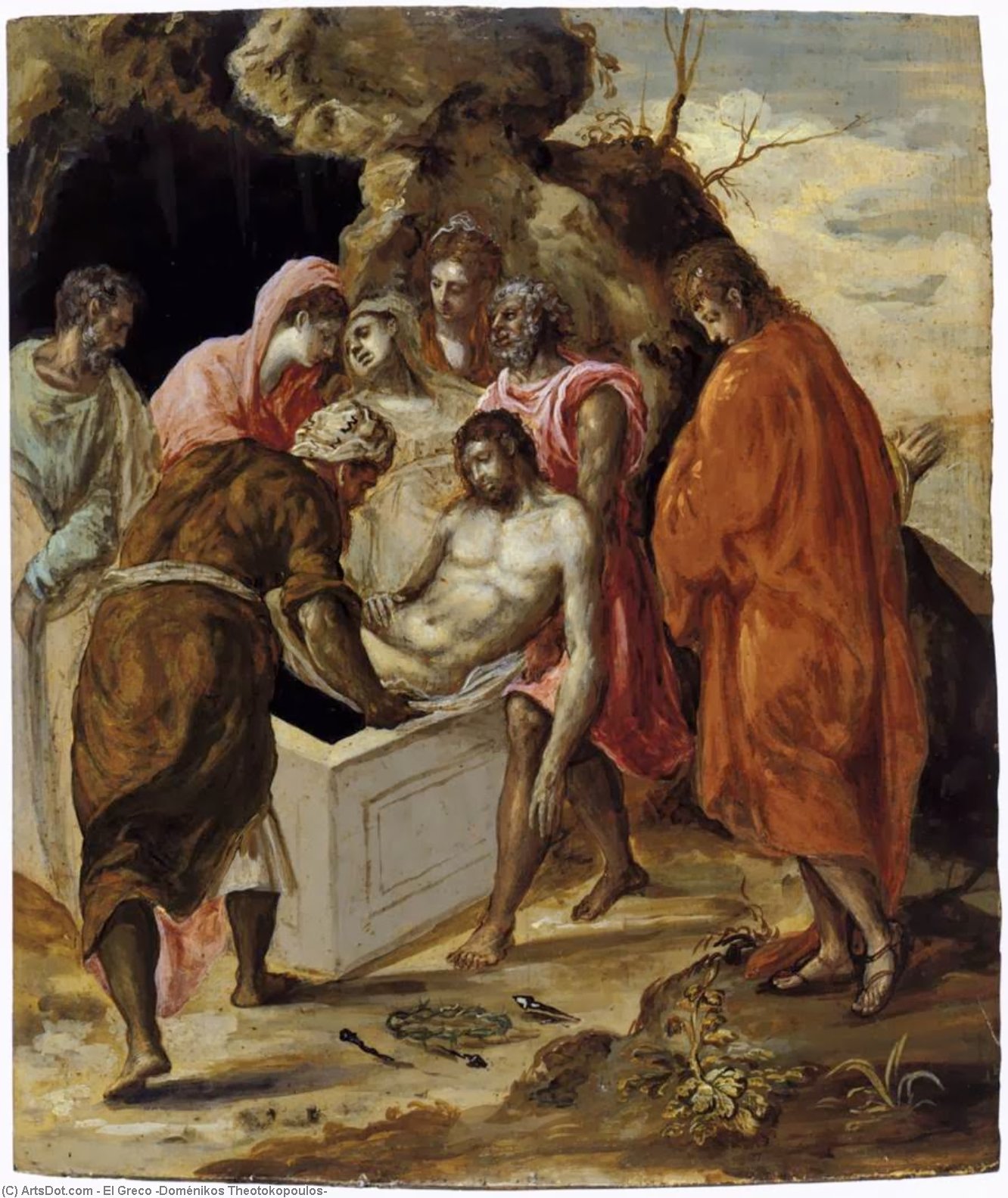 购买 博物馆艺术复制品，艺术复制品，绘画复制品，博物馆质量版画，美术复制品，着名绘画复制品，博物馆品质复制品，帆布艺术版画 The Entombment of Christ 通过 El Greco (Doménikos Theotokopoulos) (1541-1614, Greece) | ArtsDot.com