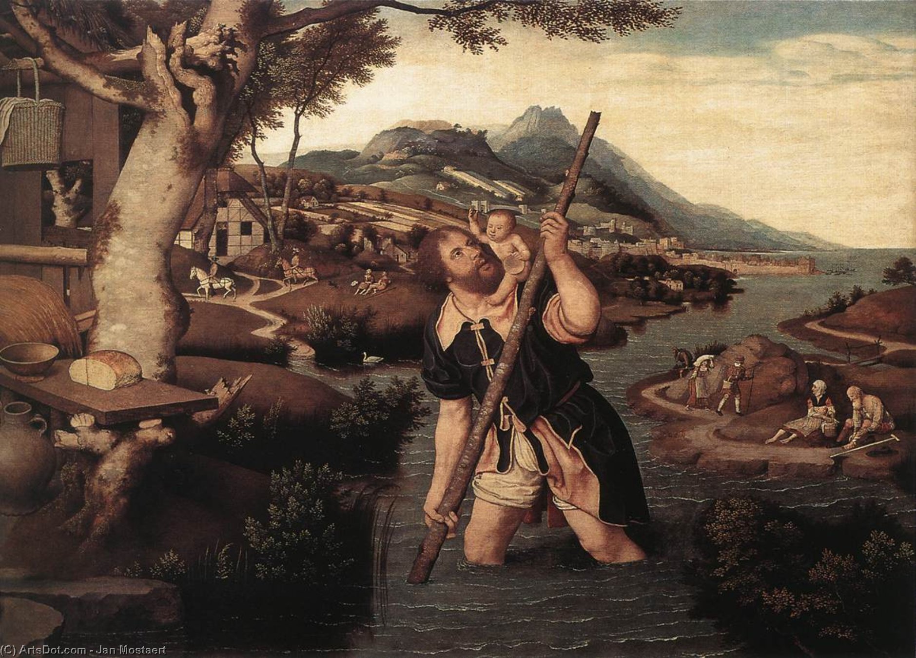 Compra Riproduzioni D'arte Del Museo Hilly fiume Paesaggio con St Christopher di Jan Mostaert (1475-1555, Spain) | ArtsDot.com