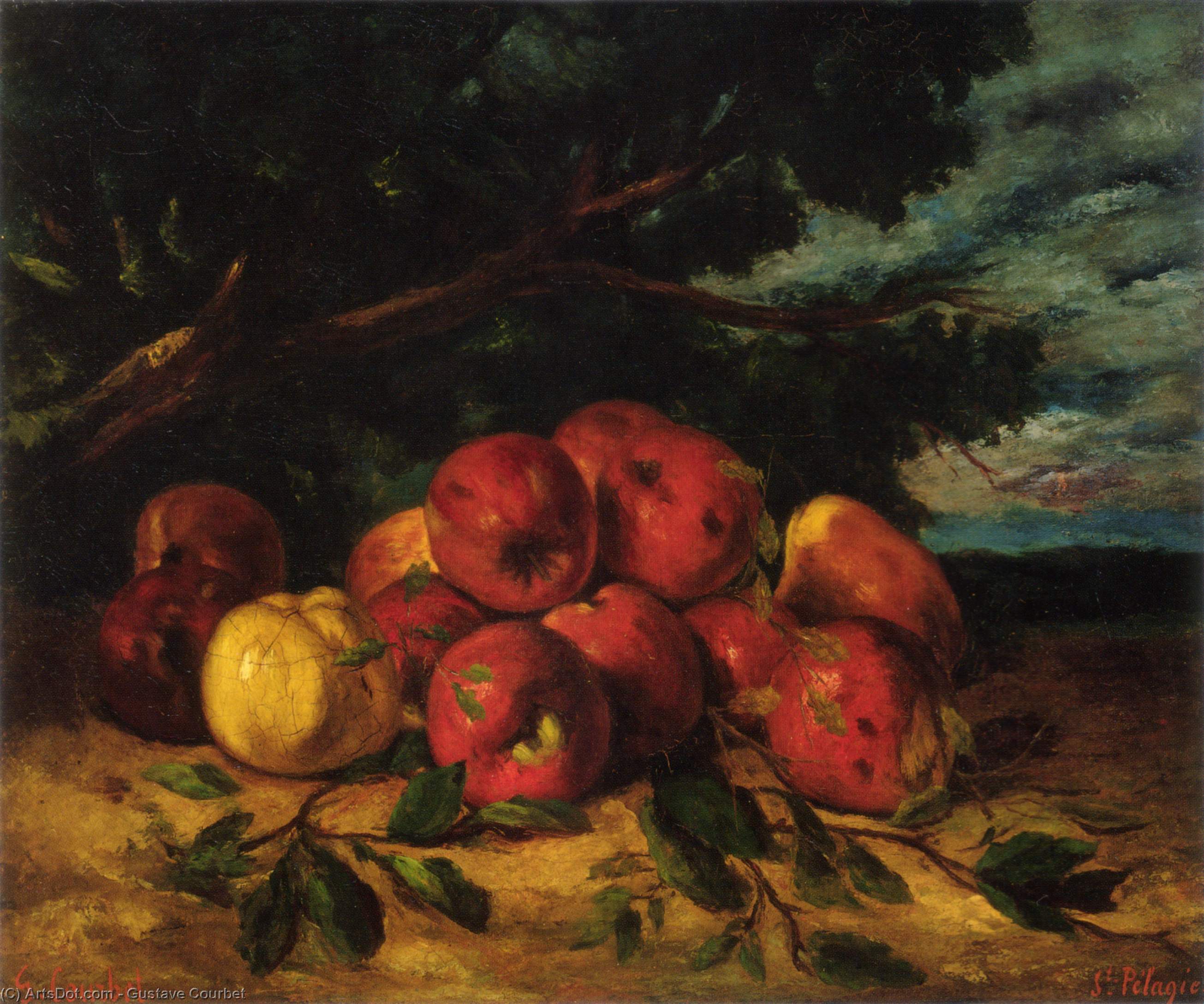 順序 手描き油絵 ツリーの足で赤いリンゴ, 1871 バイ Gustave Courbet (1819-1877, France) | ArtsDot.com