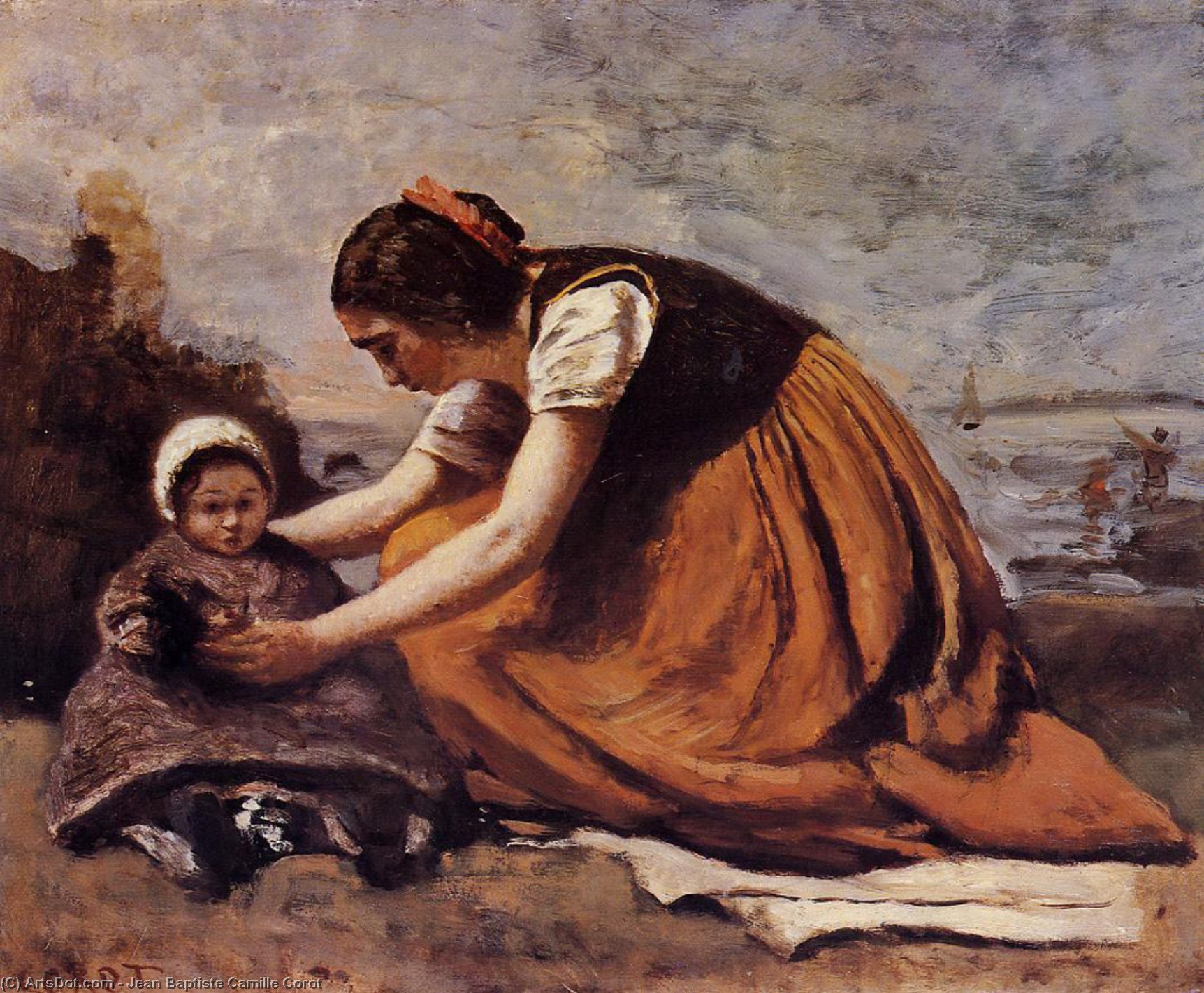 Compra Riproduzioni D'arte Del Museo Madre e Bambino sulla spiaggia, 1860 di Jean Baptiste Camille Corot (1796-1875, France) | ArtsDot.com