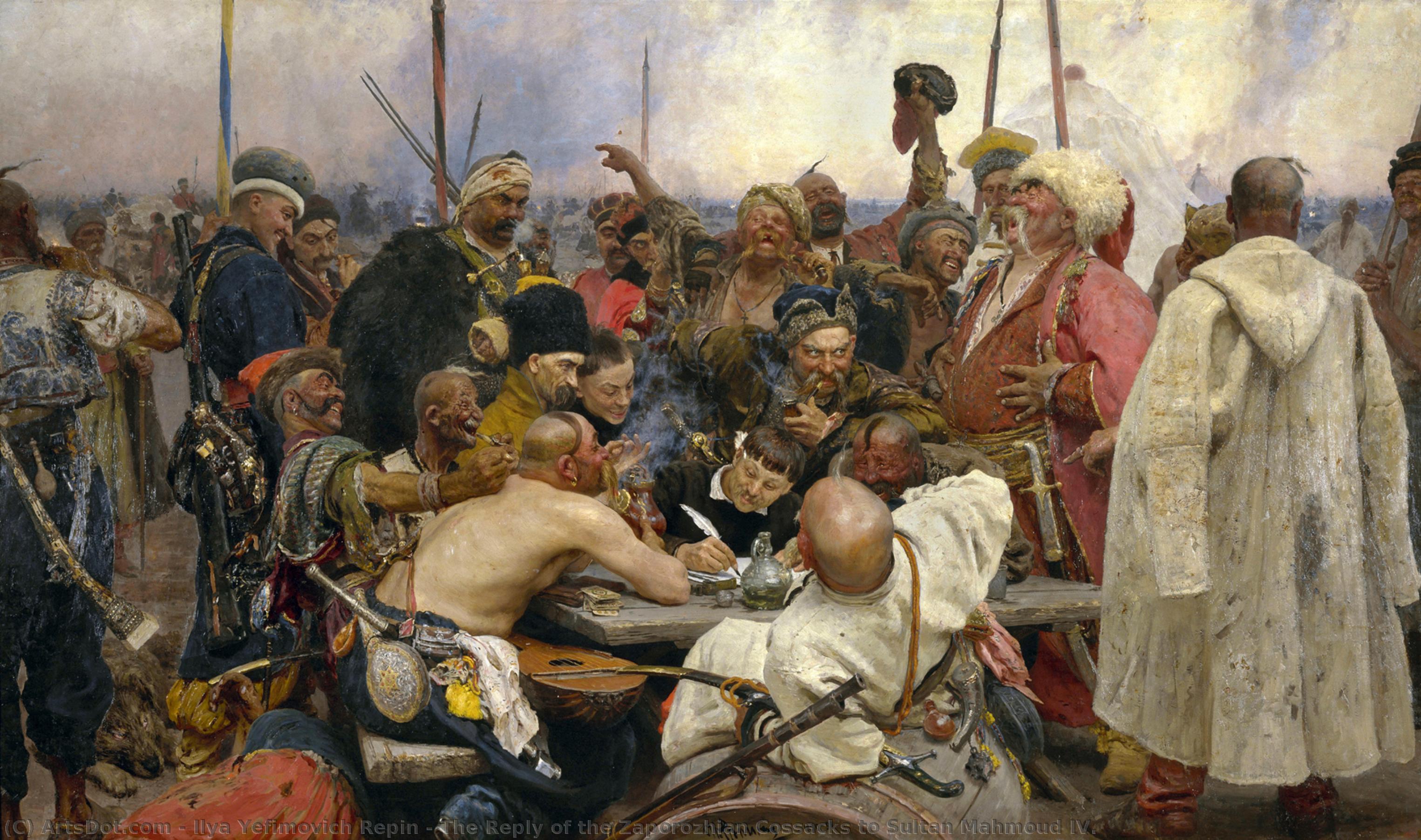 Bestellen Kunstreproduktionen Die Antwort der Zaporozhian Kosaken an Sultan Mahmoud IV., 1878 von Ilya Yefimovich Repin (1844-1930, Russia) | ArtsDot.com