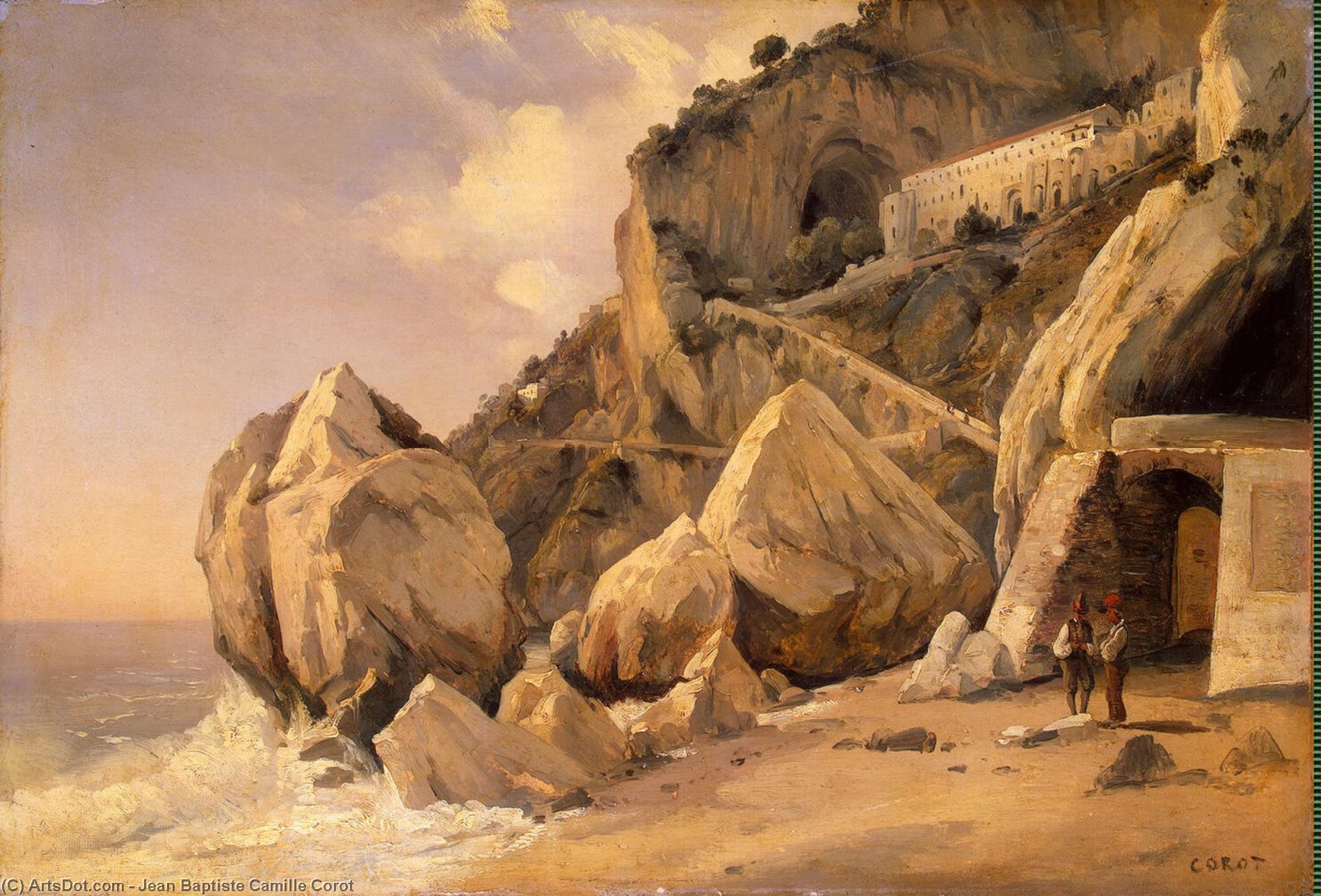 Buy Museum Art Reproductions Rocks in Amalfi, 1828 by Jean Baptiste Camille Corot (1796-1875, France) | ArtsDot.com
