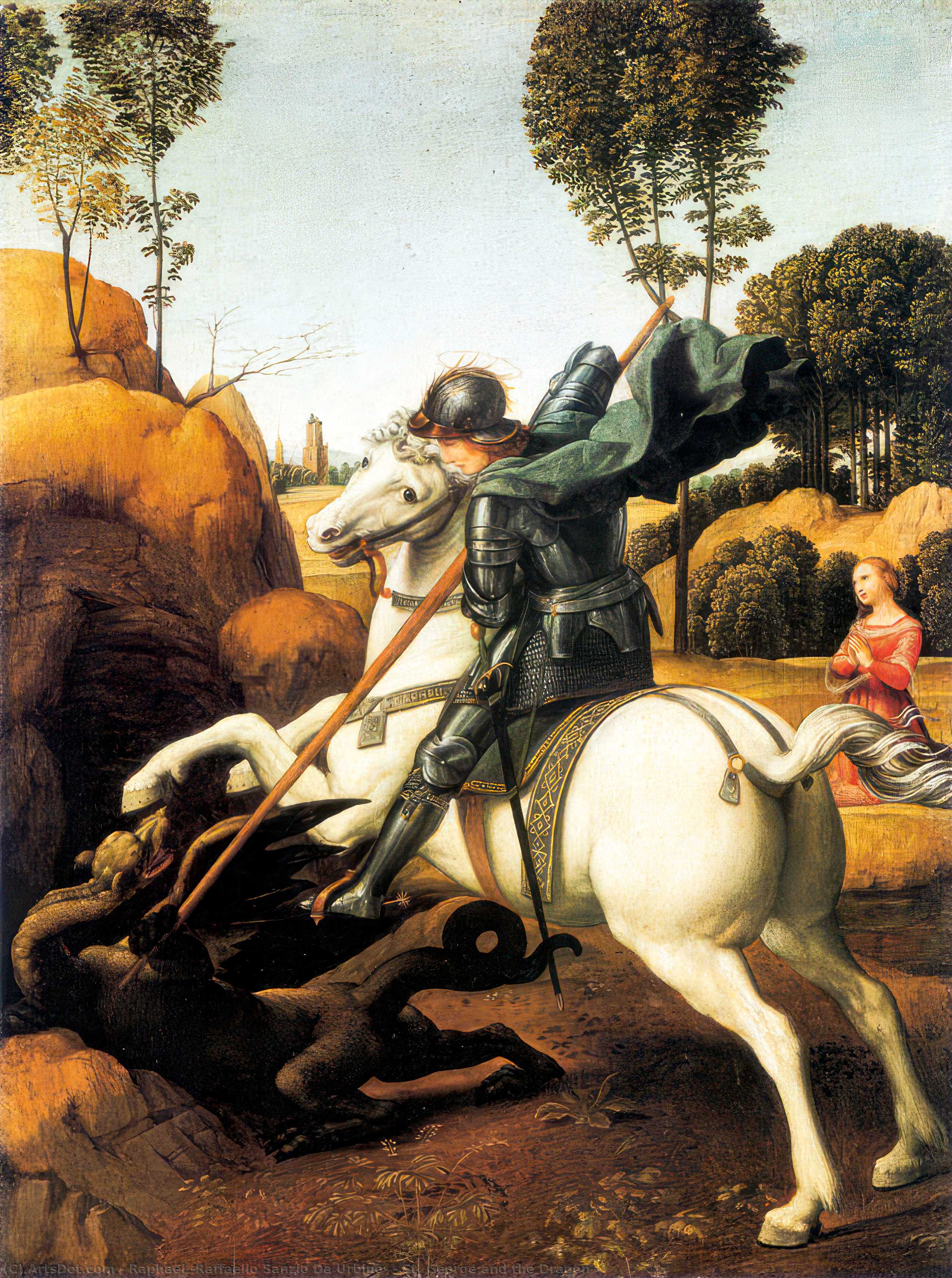 购买 博物馆艺术复制品，艺术复制品，绘画复制品，博物馆质量版画，美术复制品，着名绘画复制品，博物馆品质复制品，帆布艺术版画 圣乔治和龙, 1506 通过 Raphael (Raffaello Sanzio Da Urbino) (1483-1520, Italy) | ArtsDot.com