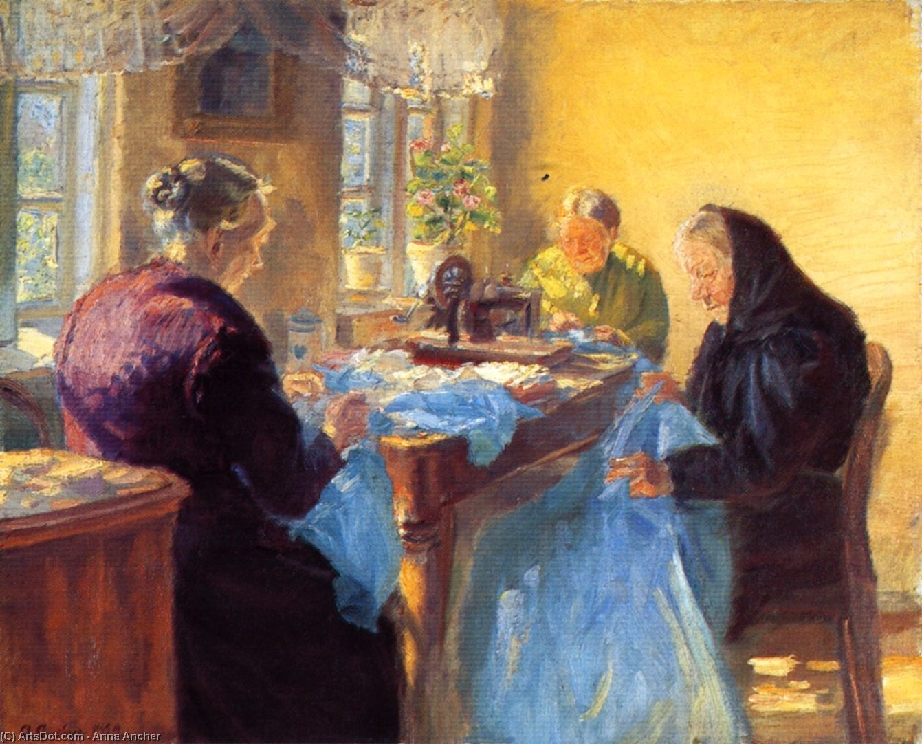 Order Oil Painting Replica Three Old Seamstresses (also known as Sewing a Blue Gown for a Costume Ball), 1920 by Anna Kirstine Ancher (1859-1935, Denmark) | ArtsDot.com