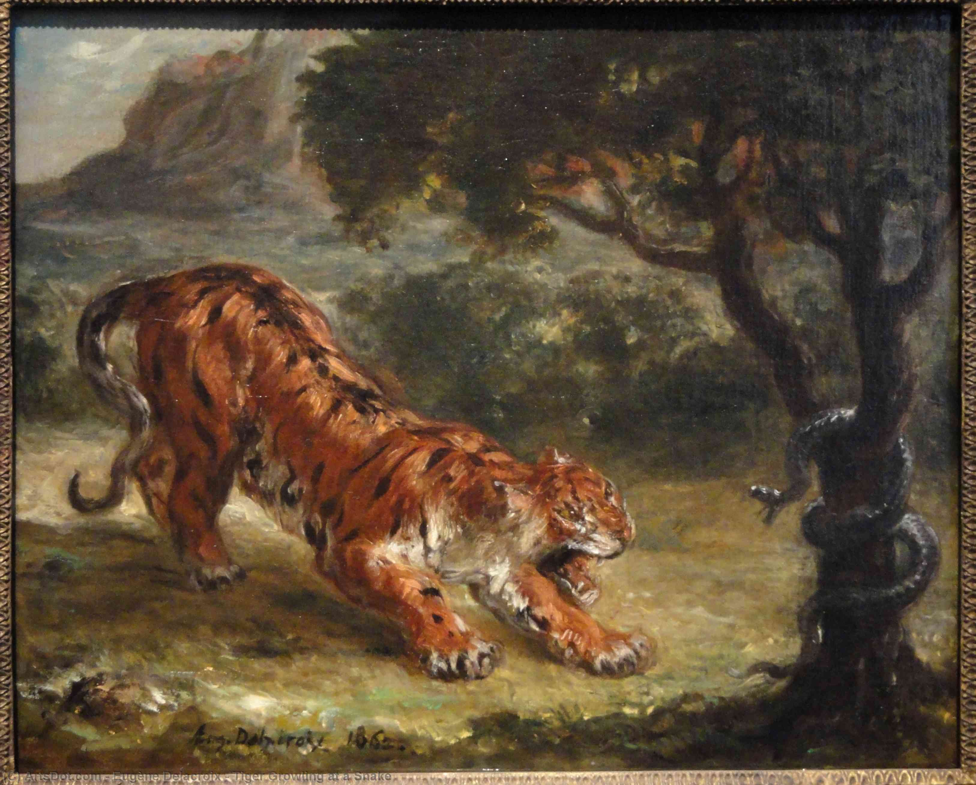 Ordem Reproduções De Pinturas Tiger Growling em uma cobra, 1862 por Eugène Delacroix (1798-1863, France) | ArtsDot.com