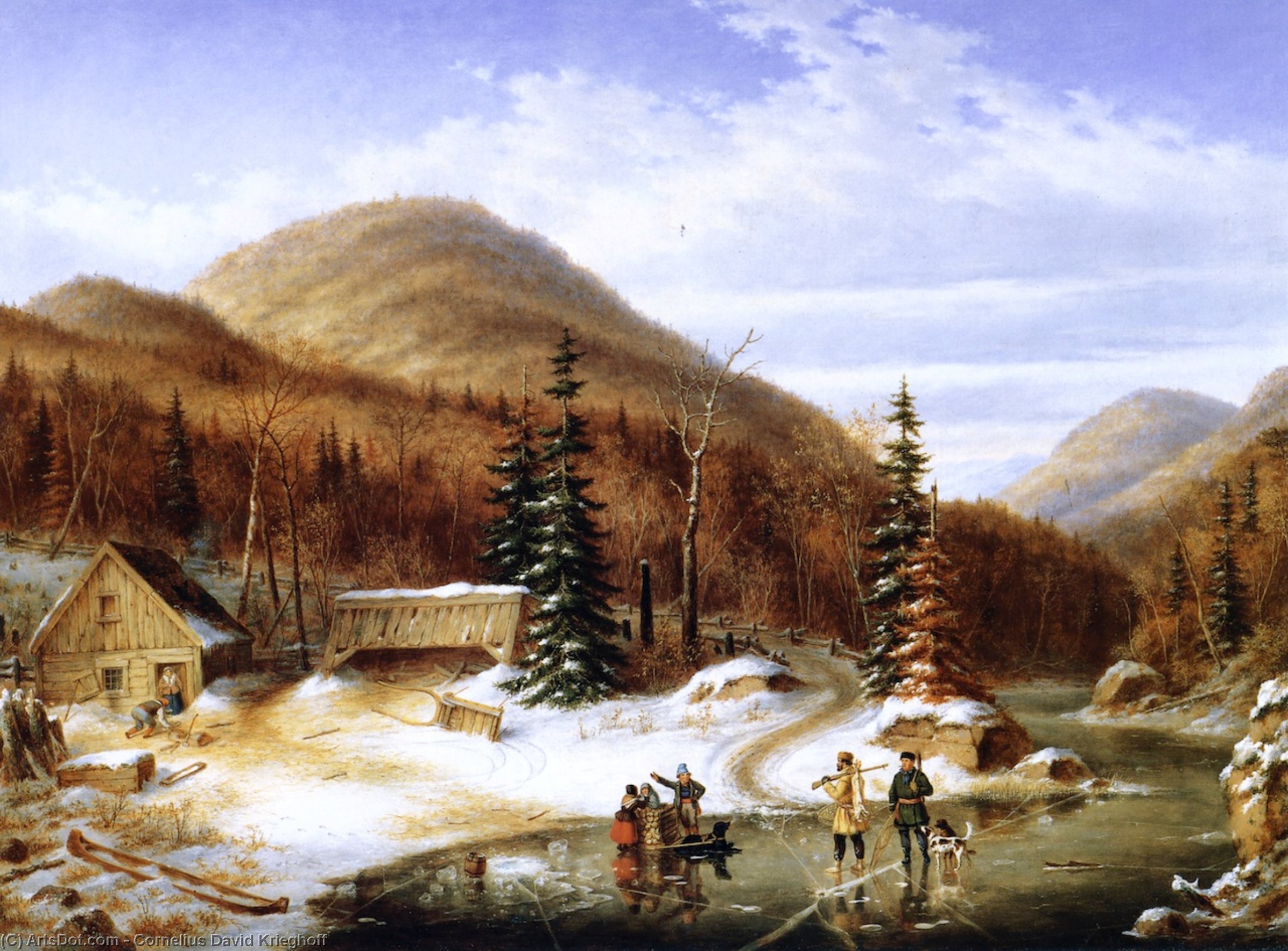 Order Paintings Reproductions Winter Scene in the Laurentians - The Laval River, 1867 by Cornelius David Krieghoff (1815-1872, Netherlands) | ArtsDot.com