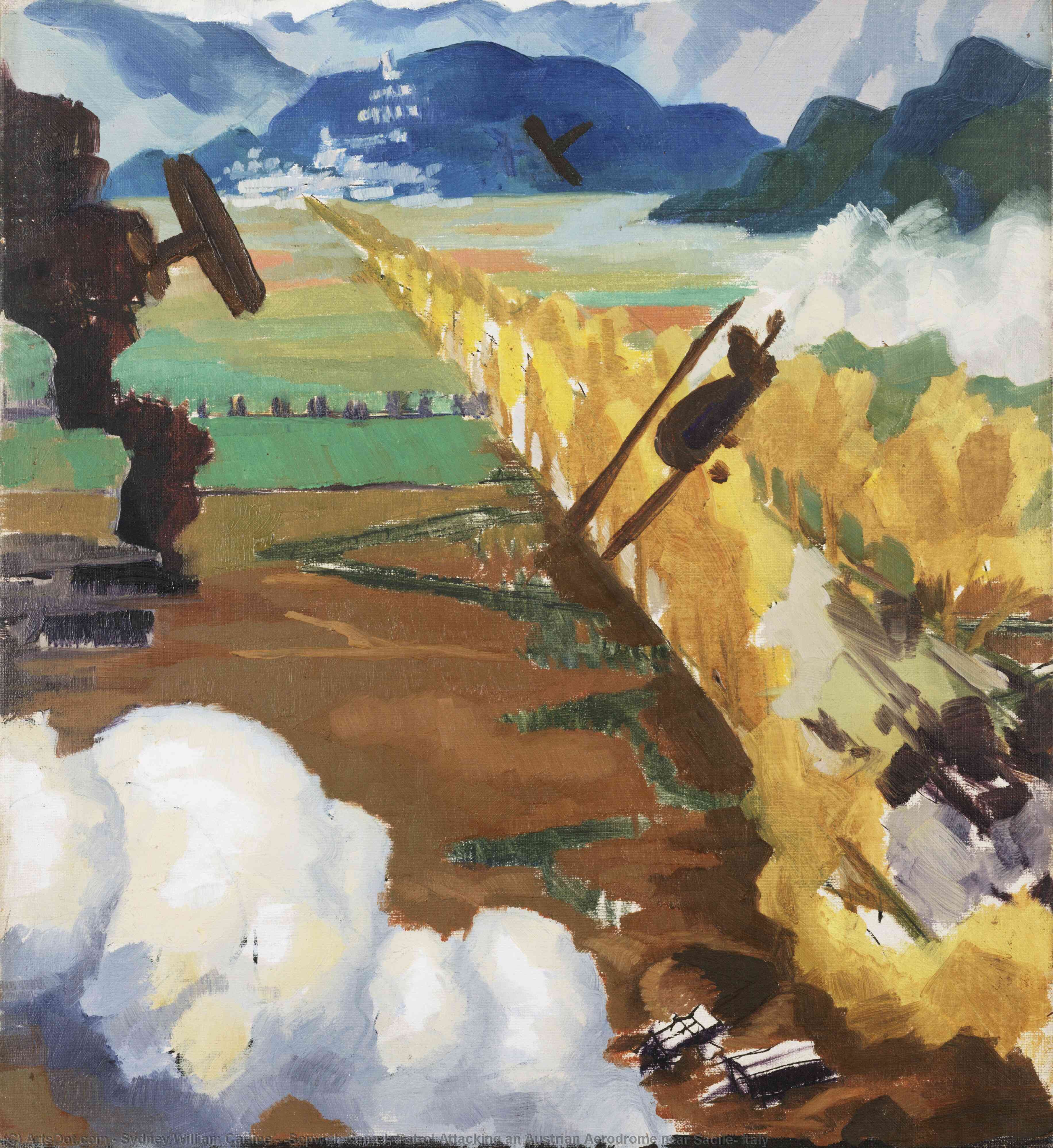 Bestellen Gemälde Reproduktionen `Sopwith Camel` Patrol Angriff auf ein österreichisches Aerodrome in der Nähe von Sacile, Italien, 1918 von Sydney William Carline (1888-1929) | ArtsDot.com