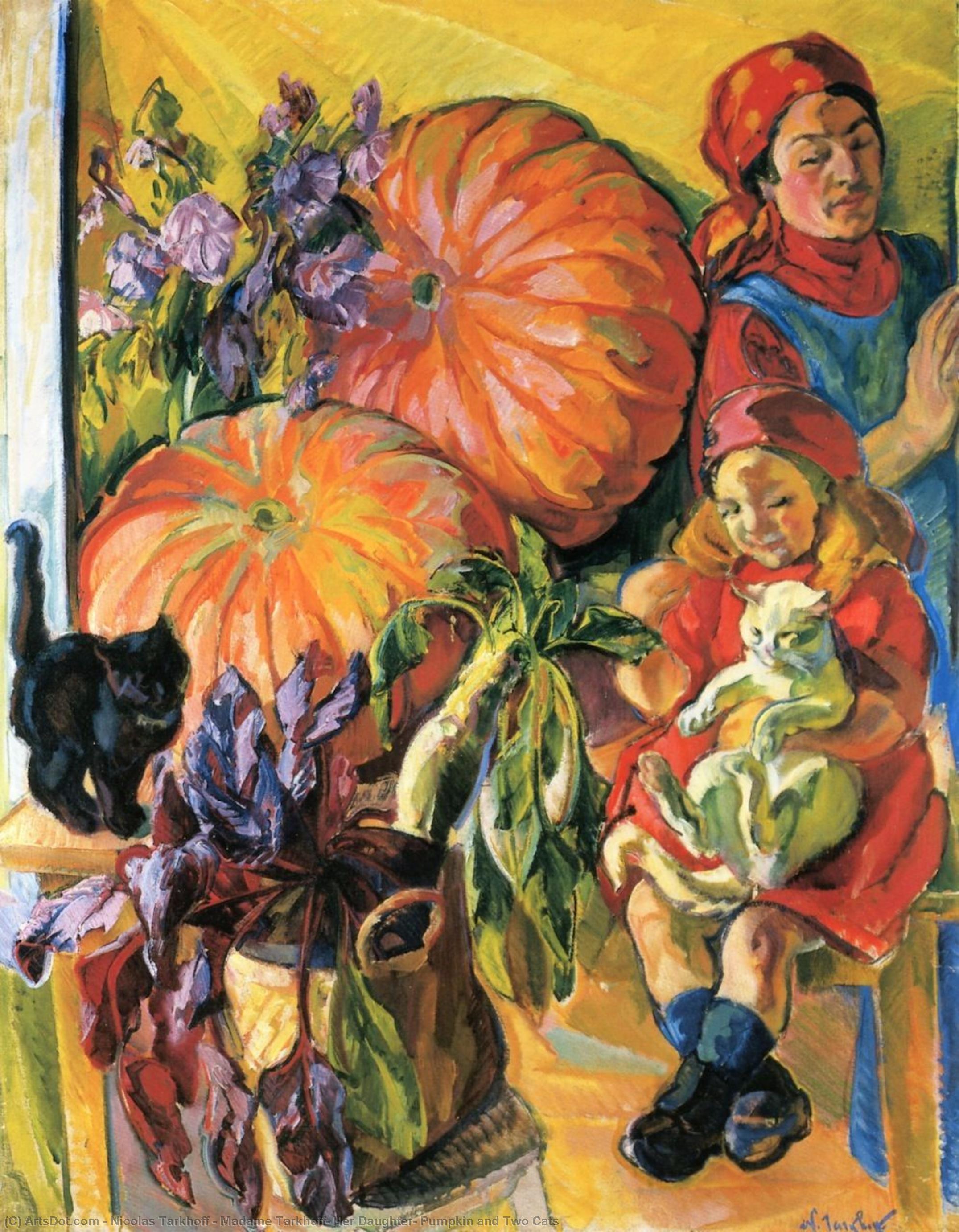 順序 手描き油絵 マダム Tarkhoff, 彼女の娘, カボチャと2匹の猫 バイ Nicolas Tarkhoff (1871-1930) | ArtsDot.com