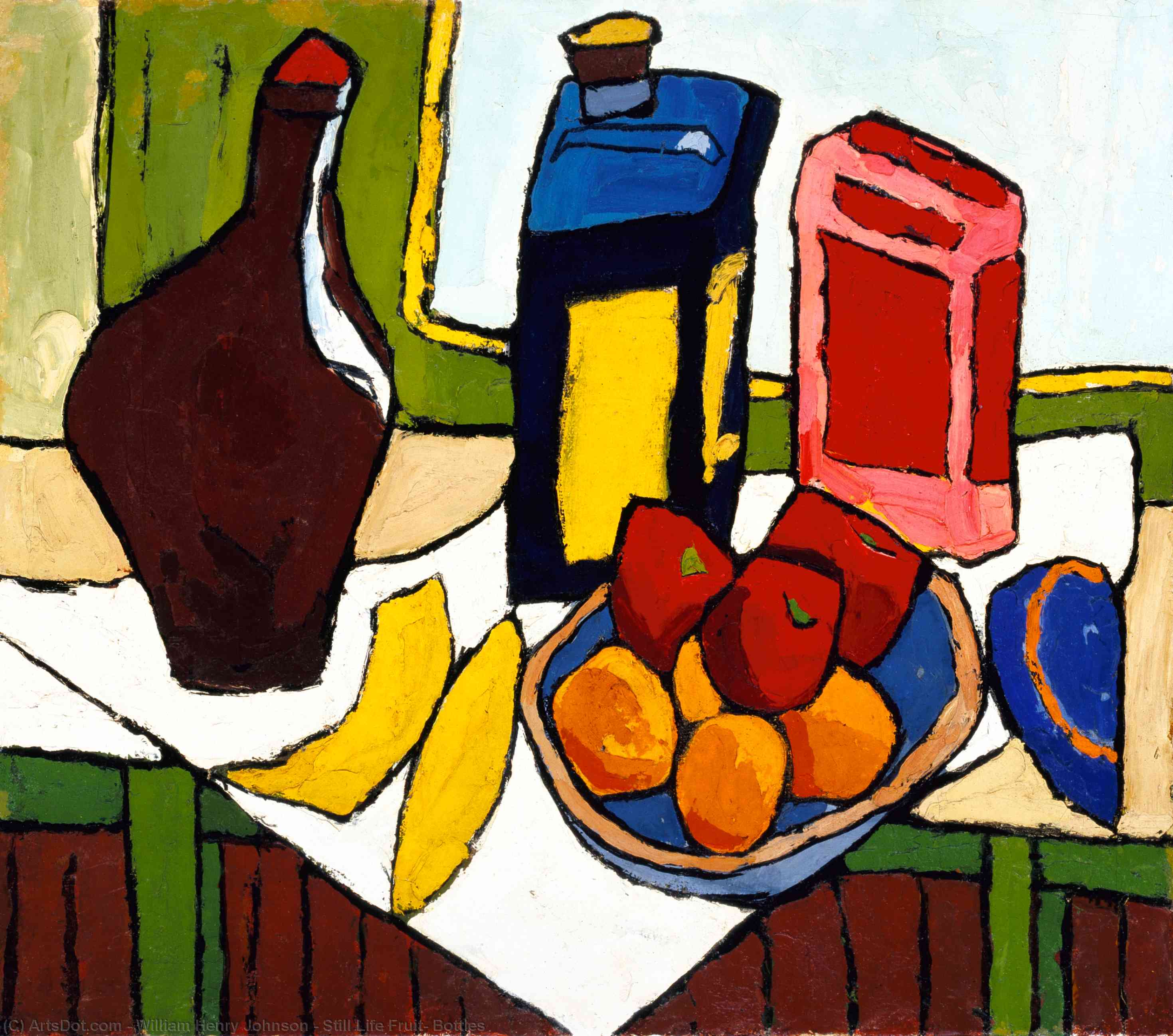 Order Oil Painting Replica Still Life Fruit, Bottles, 1939 by William Henry Johnson (Inspired By) (1901-1970, United States) | ArtsDot.com